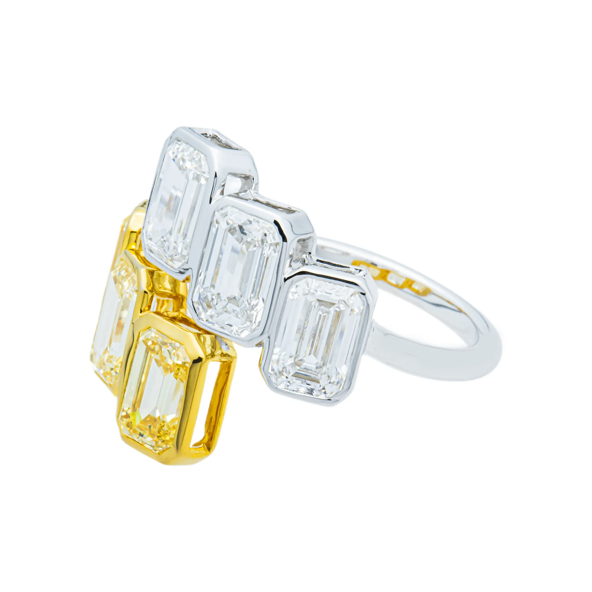 14K Two Tone Fancy Yellow & White Emerald Diamond Wrap Ring 4.50ct - Image 5