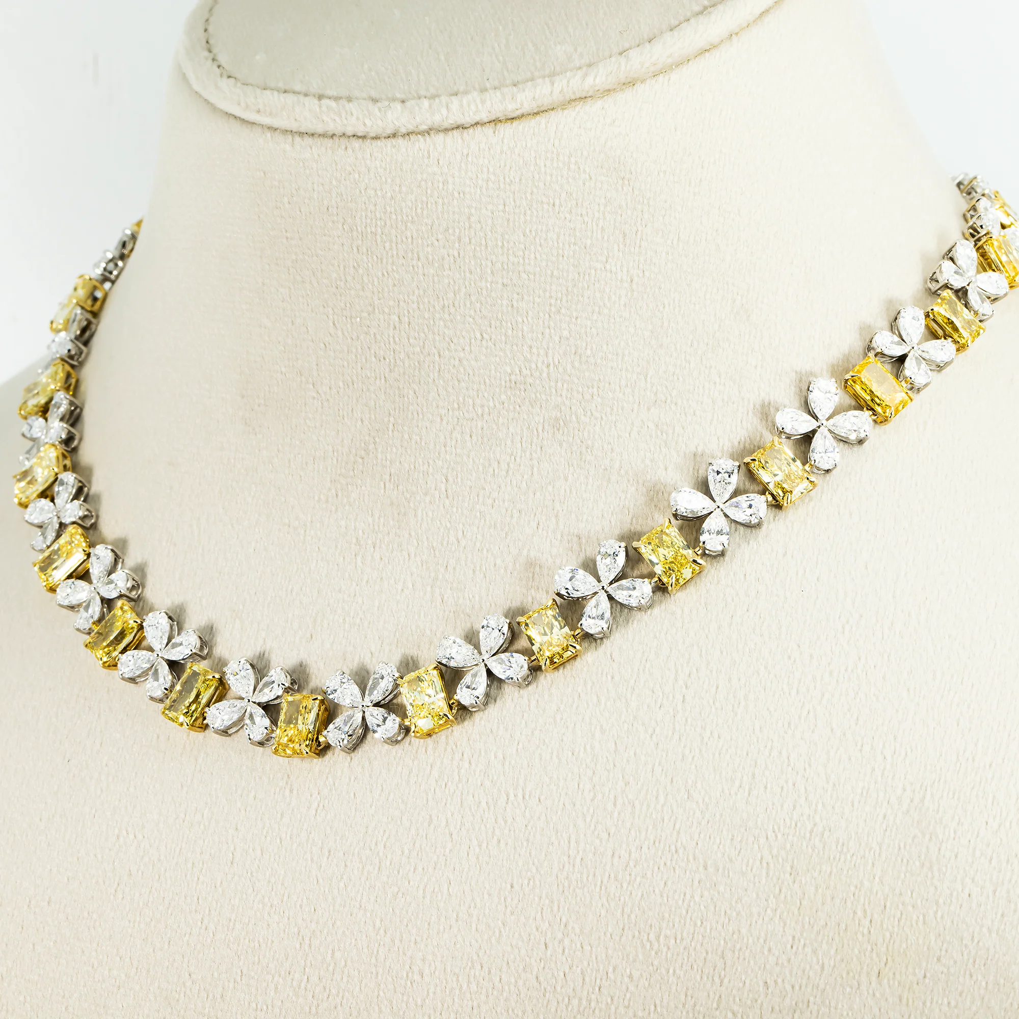 14K Two Tone Fancy Yellow & White Diamond Flower Necklace 45.68ct - Image 2