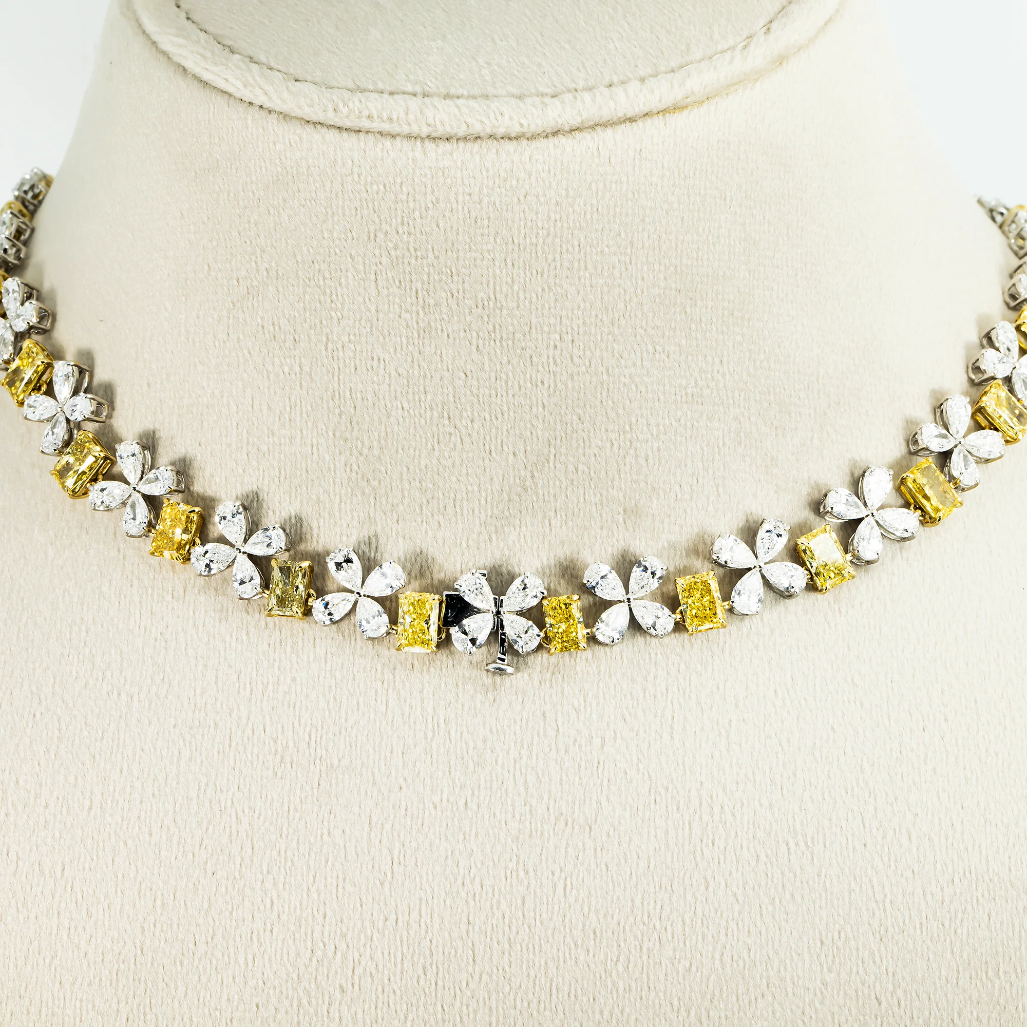 14K Two Tone Fancy Yellow & White Diamond Flower Necklace 45.68ct - Image 4