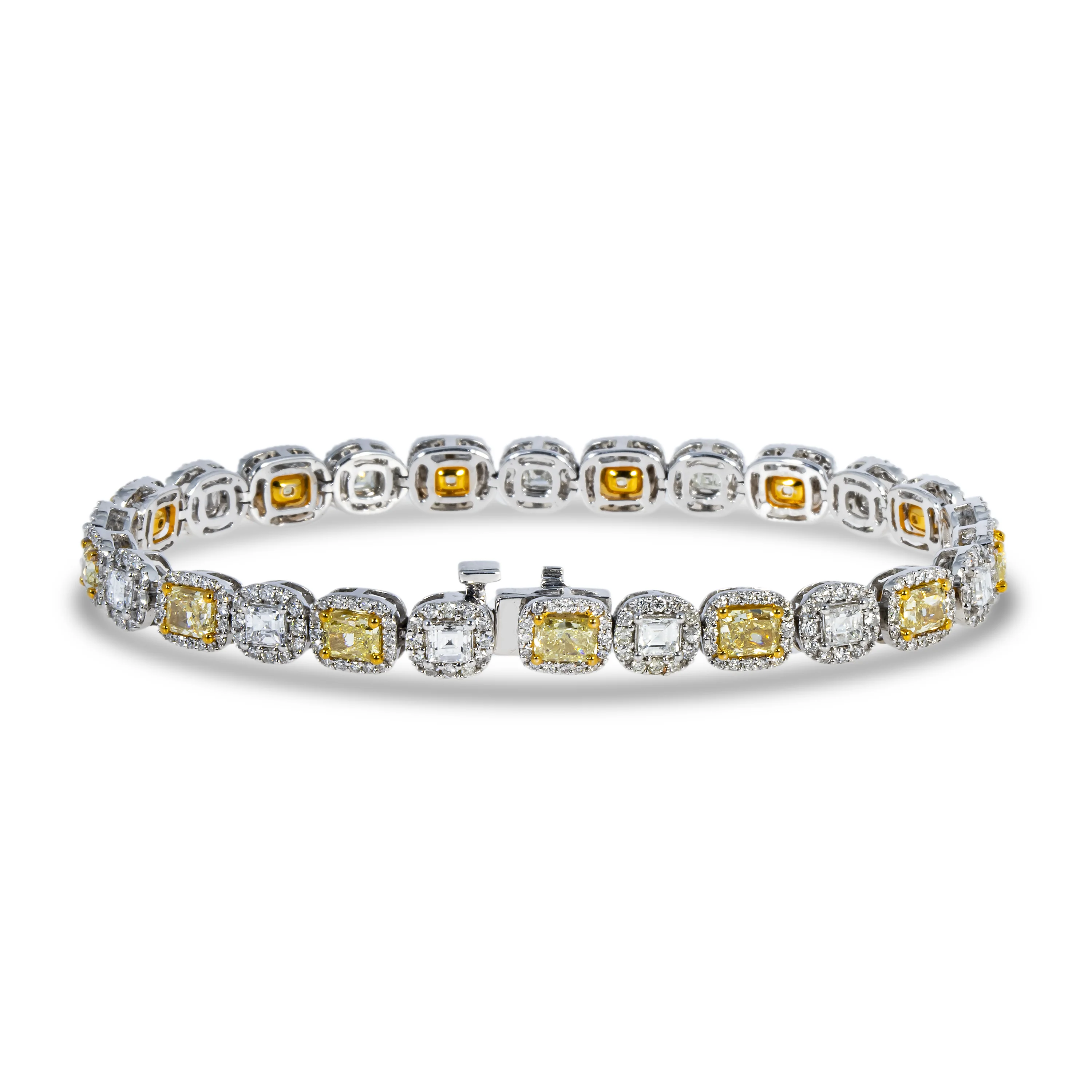 14K Two Tone Asscher & Cushion Cut Canary Yellow Diamond Bracelet 11.62ct - Image 3