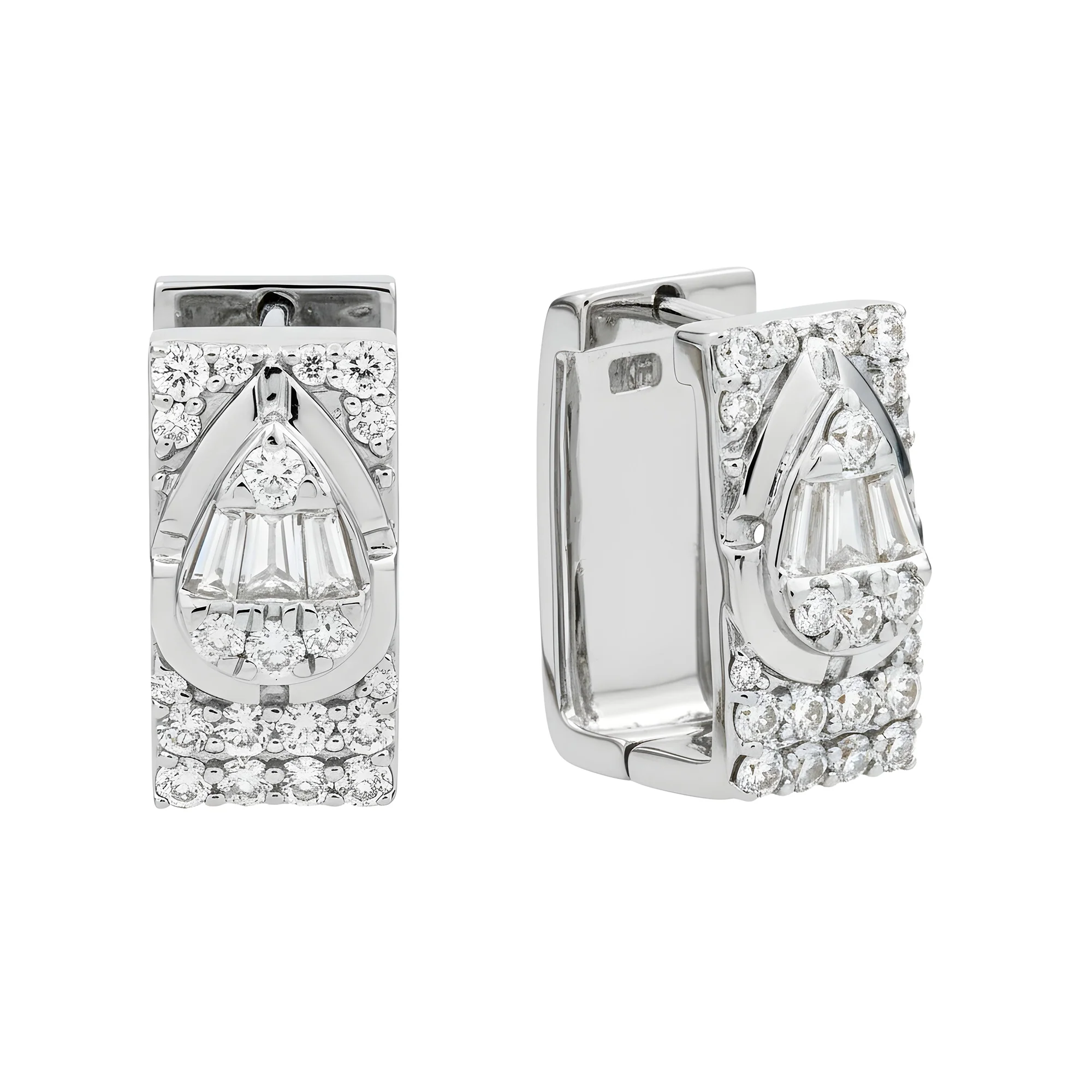 14K Two Tone Baguette & Round Diamond Square Hoop Huggie Earrings 1.20ctw - Image 3