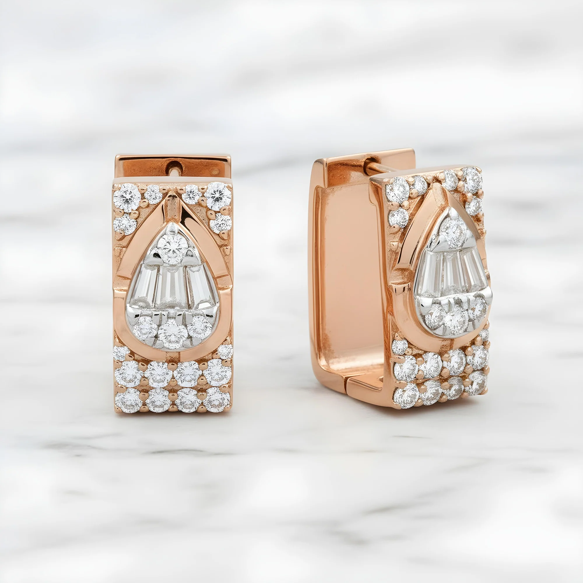 14K Two Tone Baguette & Round Diamond Square Hoop Huggie Earrings 1.20ctw - Image 5