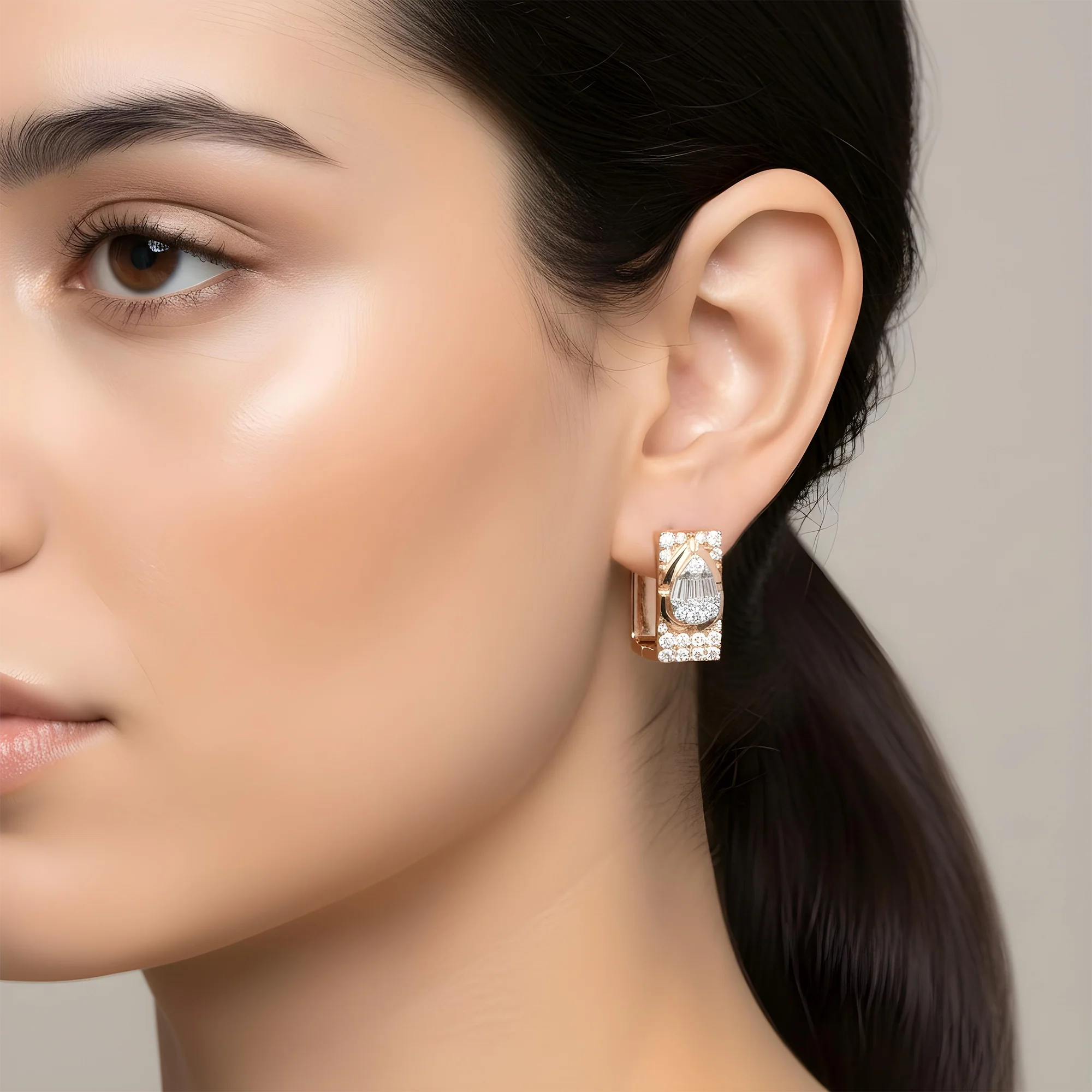14K Two Tone Baguette & Round Diamond Square Hoop Huggie Earrings 1.20ctw - Image 6