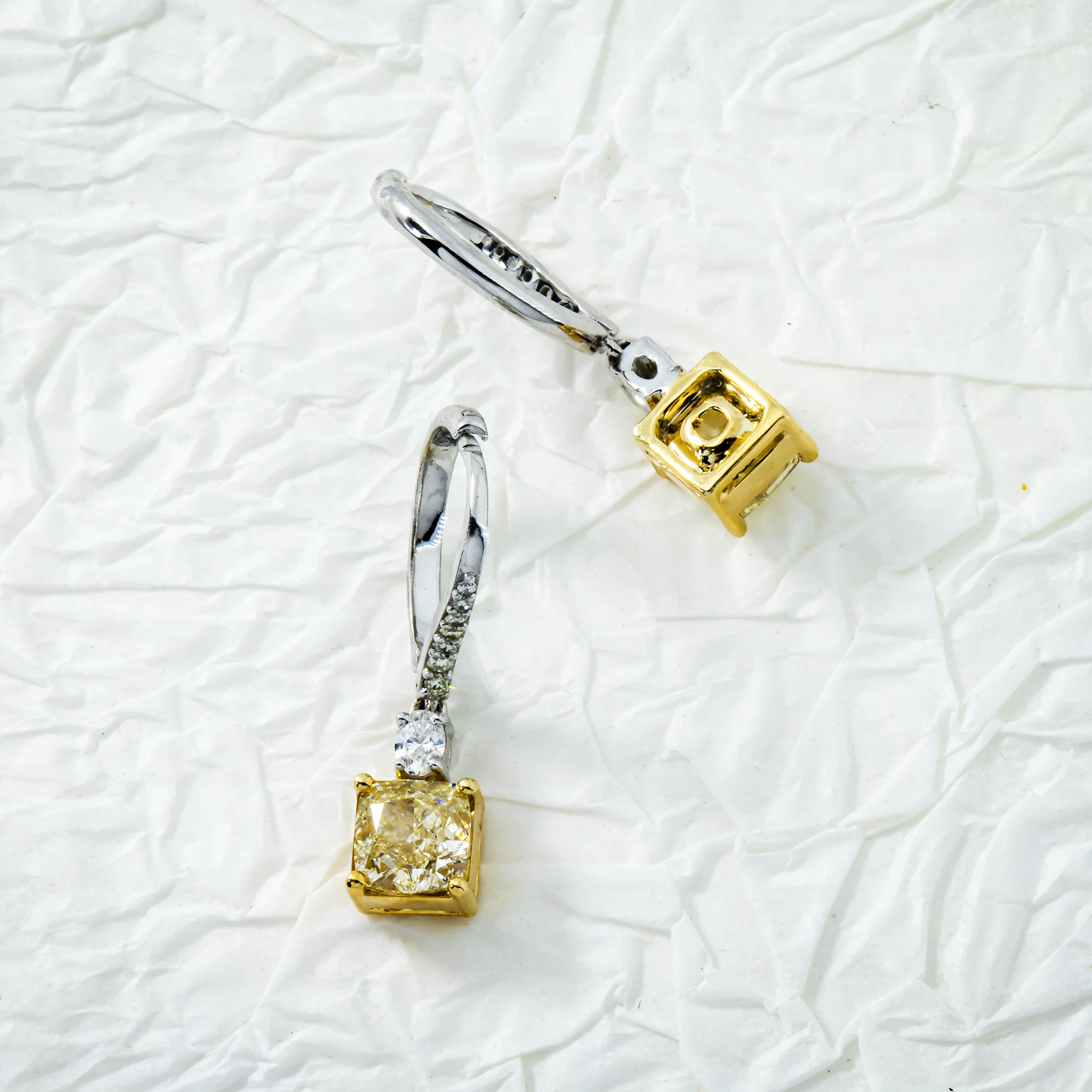 14K Two Tone Cushion Fancy Light Yellow Diamond Drop Earrings 2.54ctw - Image 3