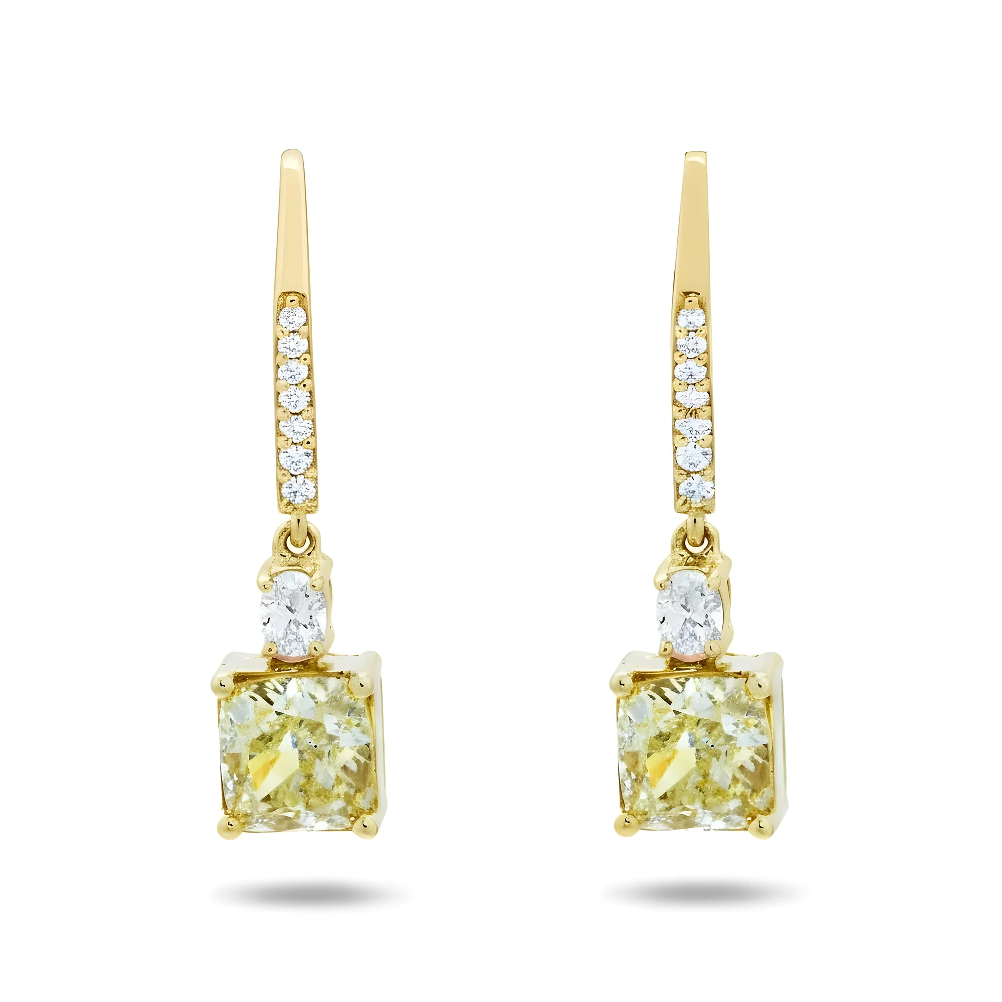14K Two Tone Cushion Fancy Light Yellow Diamond Drop Earrings 2.54ctw - Image 4
