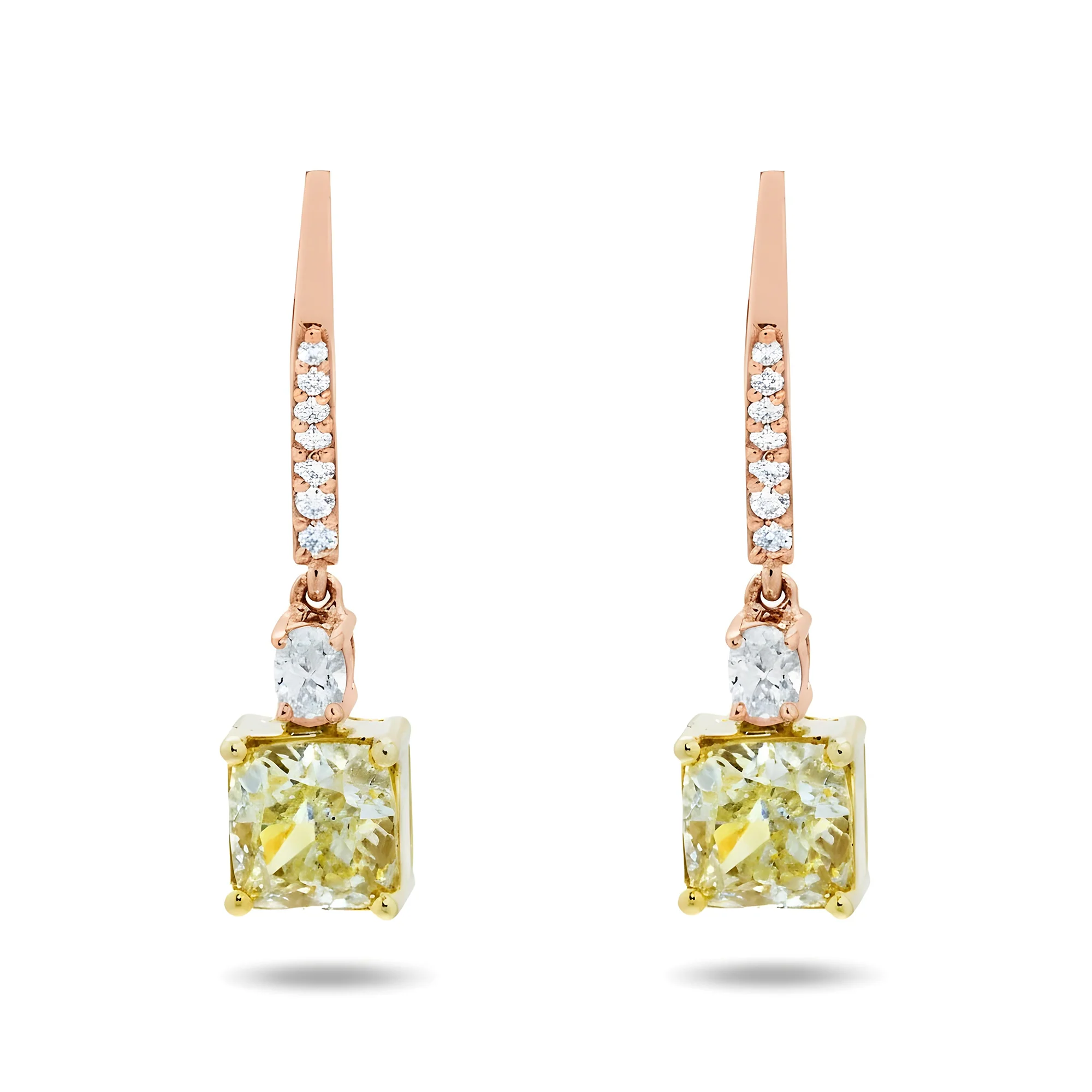 14K Two Tone Cushion Fancy Light Yellow Diamond Drop Earrings 2.54ctw - Image 6