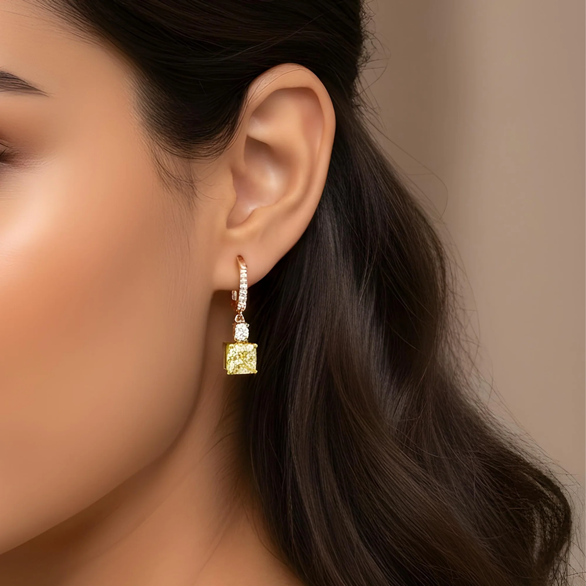 14K Two Tone Cushion Fancy Light Yellow Diamond Drop Earrings 2.54ctw - Image 7