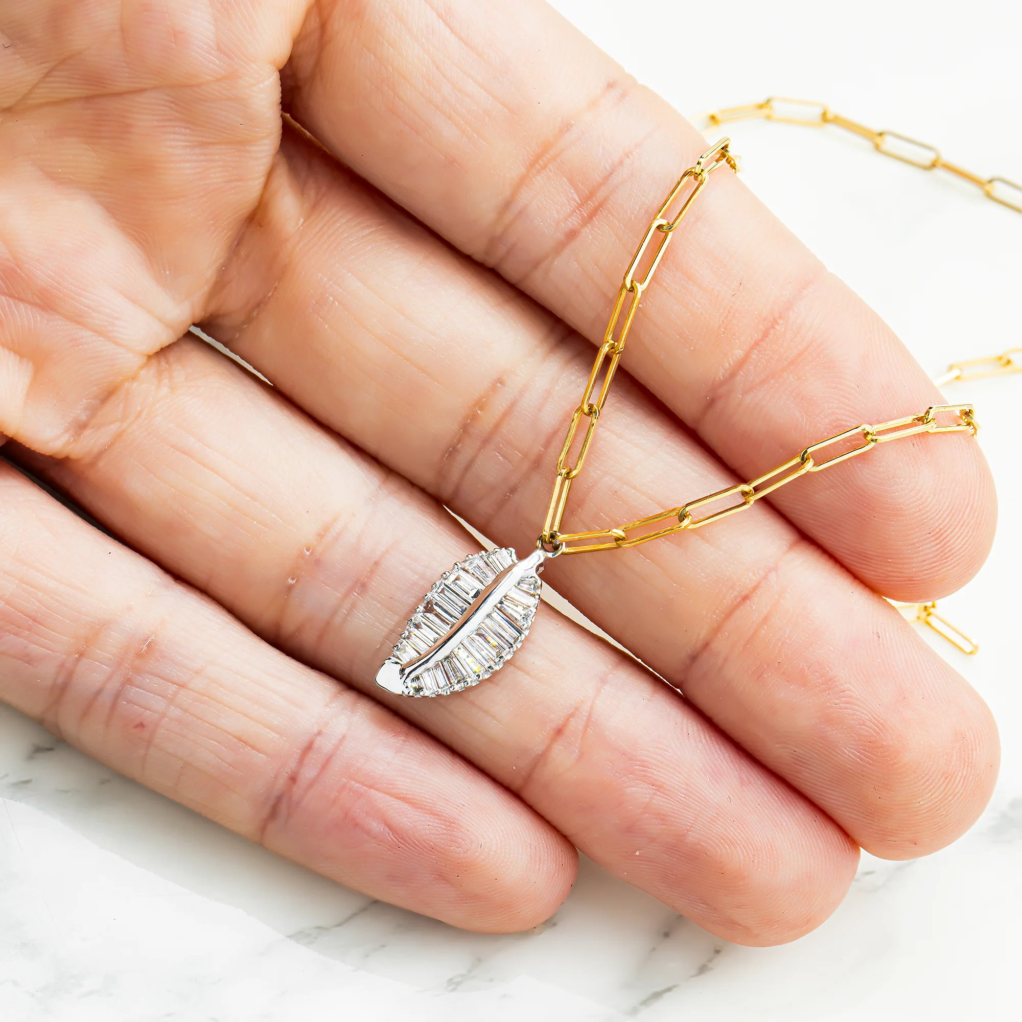 14K Two Tone Baguette Cut Diamond Leaf Pendant & Chain Necklace 0.90ct - Image 2