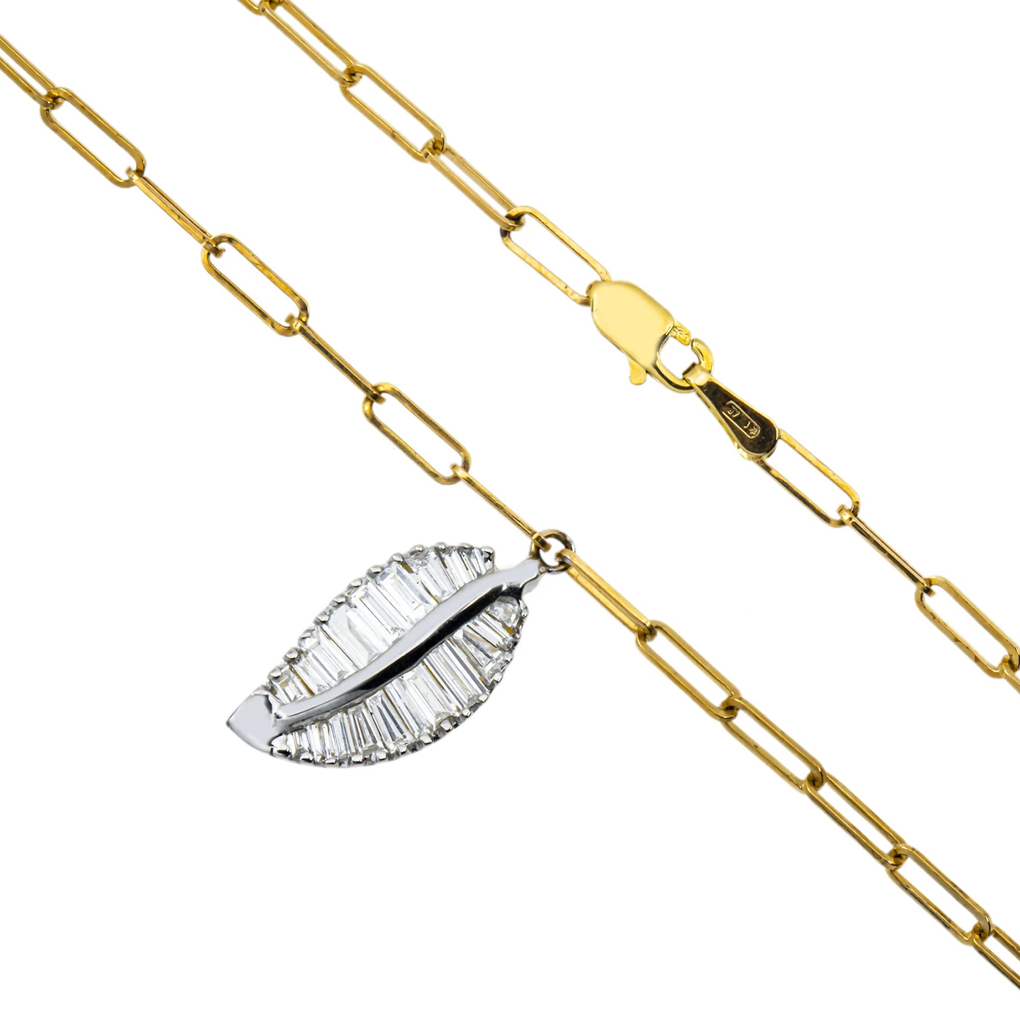 14K Two Tone Baguette Cut Diamond Leaf Pendant & Chain Necklace 0.90ct - Image 3