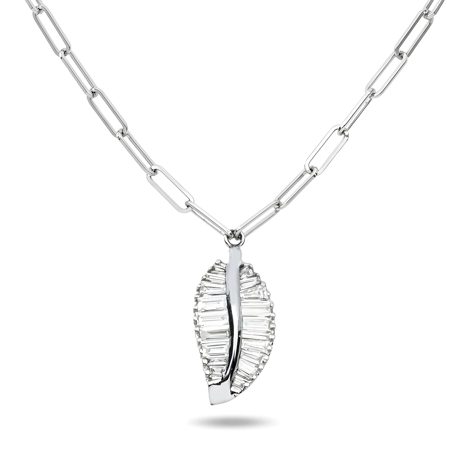 14K Two Tone Baguette Cut Diamond Leaf Pendant & Chain Necklace 0.90ct - Image 4