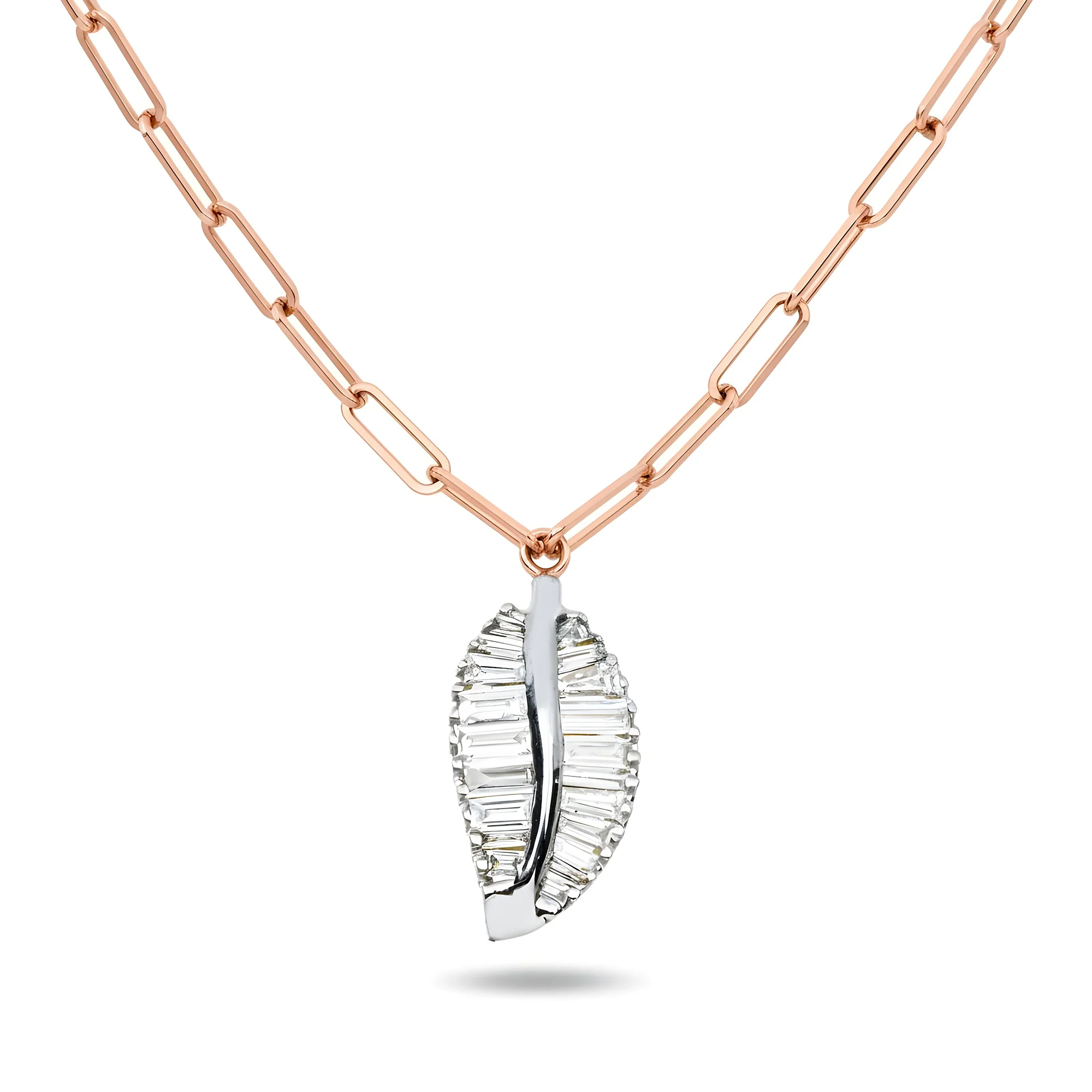14K Two Tone Baguette Cut Diamond Leaf Pendant & Chain Necklace 0.90ct - Image 7