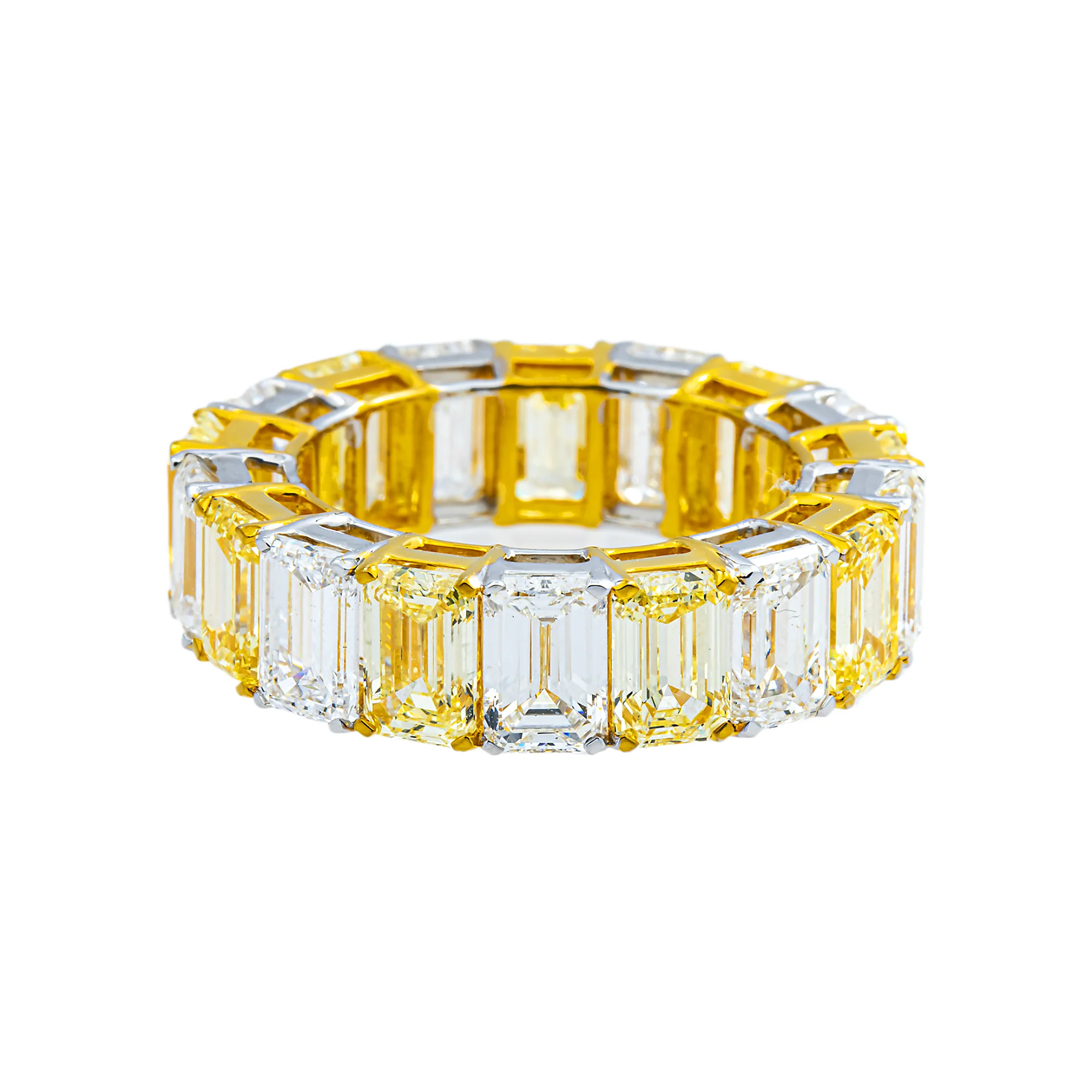 14K Two Tone Emerald Cut Fancy Yellow & White Diamond Eternity Ring 11.73ct