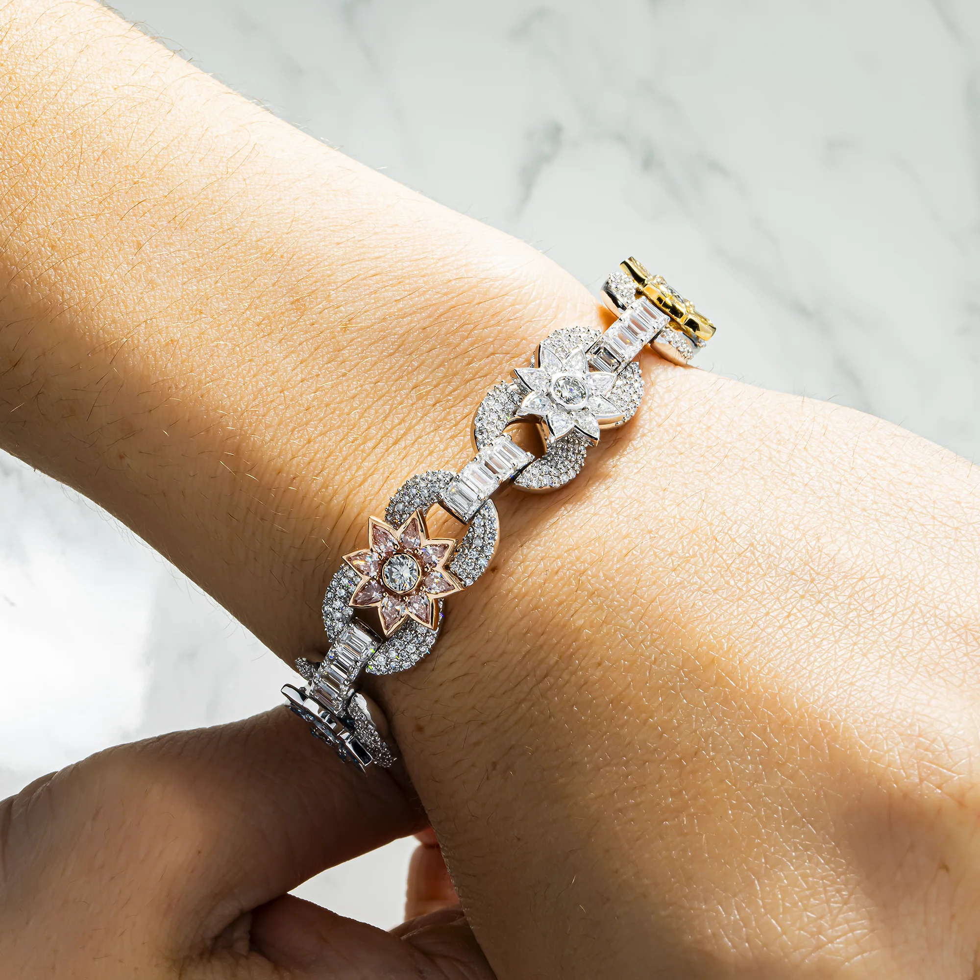 14K Two Tone Fancy Color Round & Pear Cut Diamond Flower Bracelet 20.37ct - Image 2