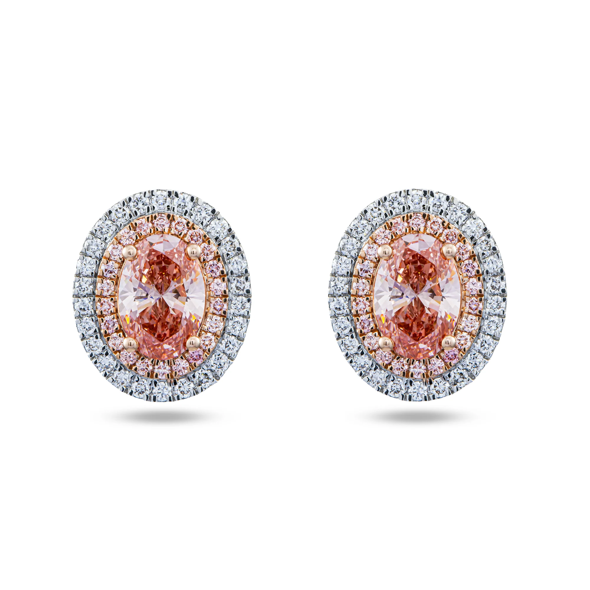14K Two Tone Fancy Pink Oval Cut Diamond Stud Earrings W/ Halo 2.88ctw