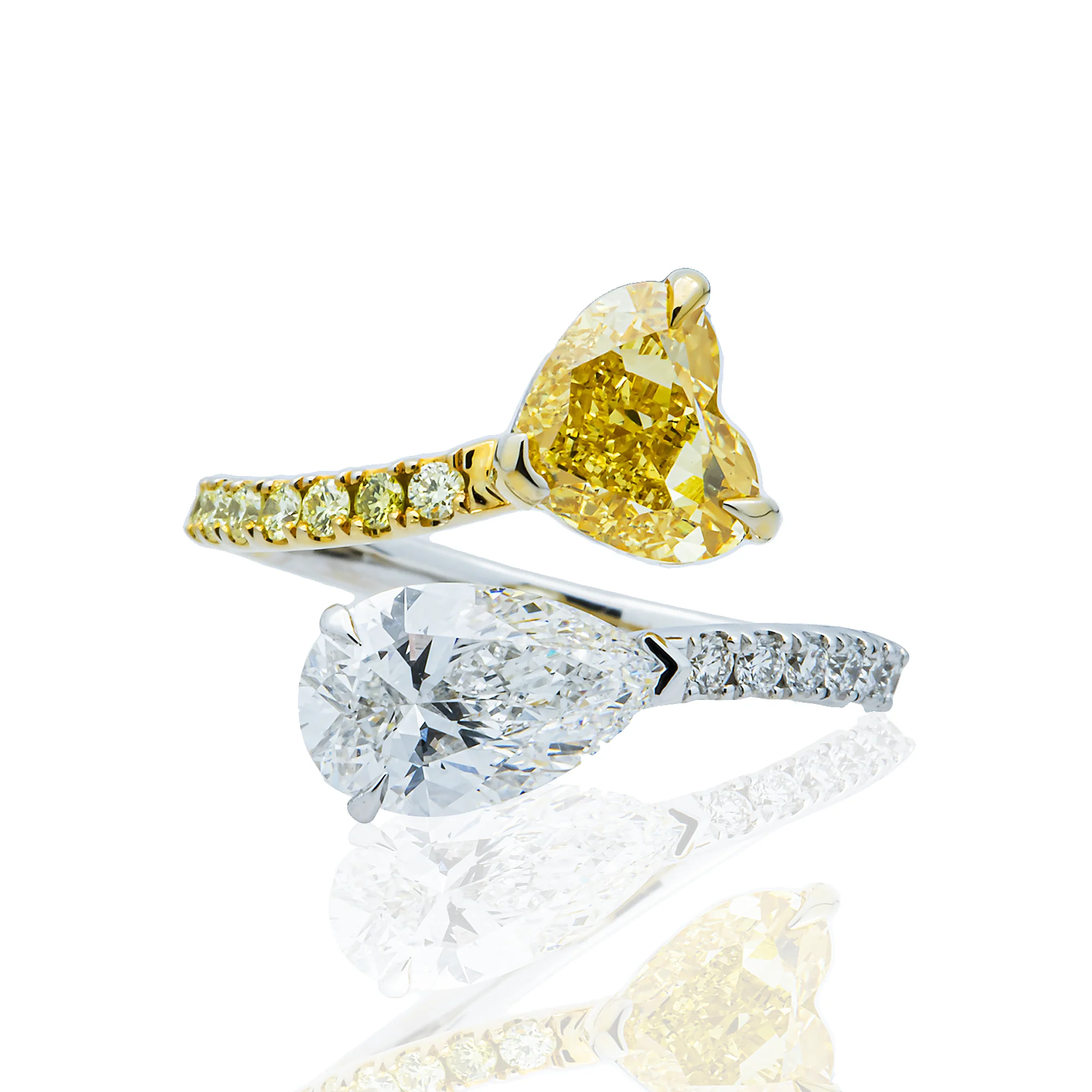 14K Two Tone Fancy Yellow Heart & White Pear Diamond Wrap Ring 3.20ctw