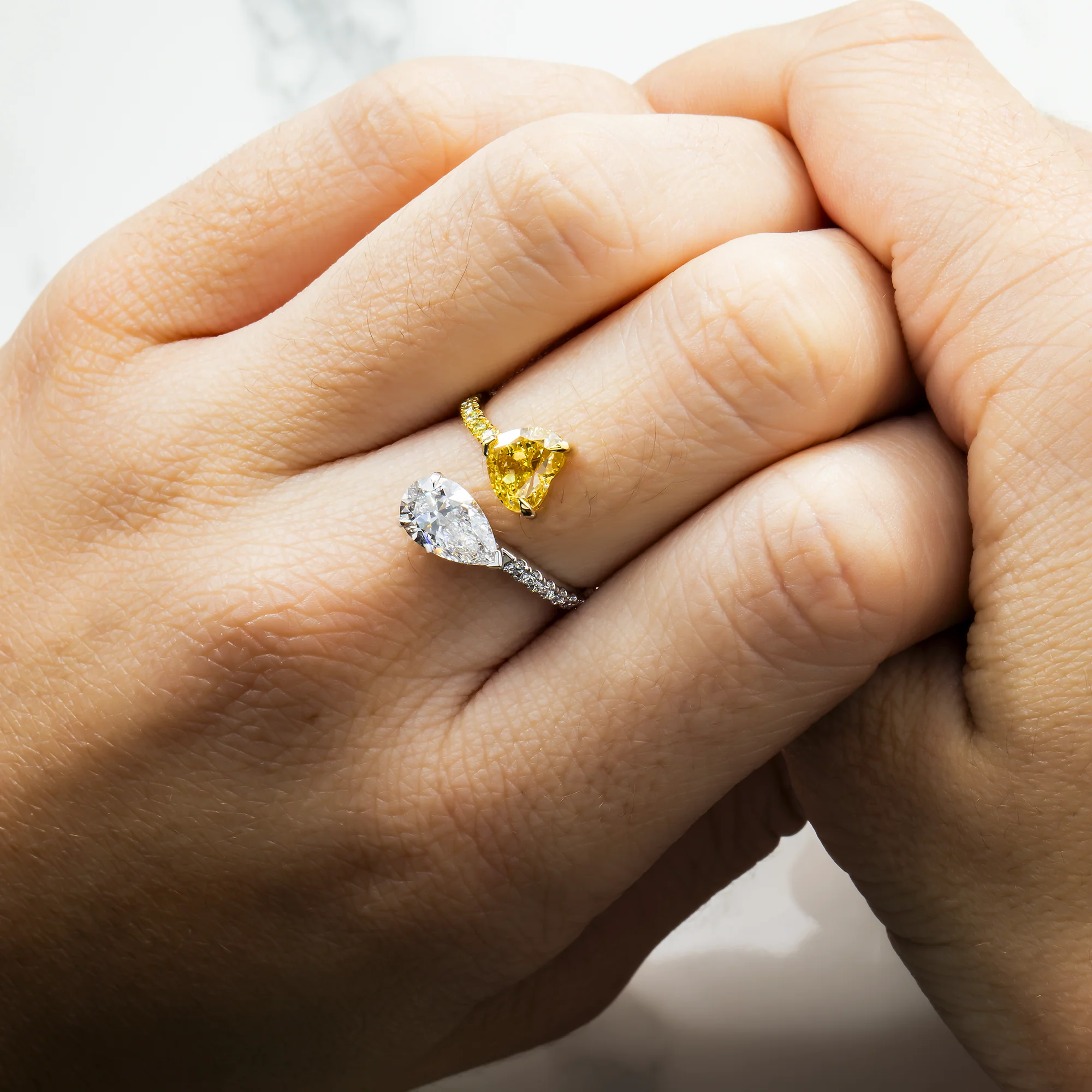 14K Two Tone Fancy Yellow Heart & White Pear Diamond Wrap Ring 3.20ctw - Image 2