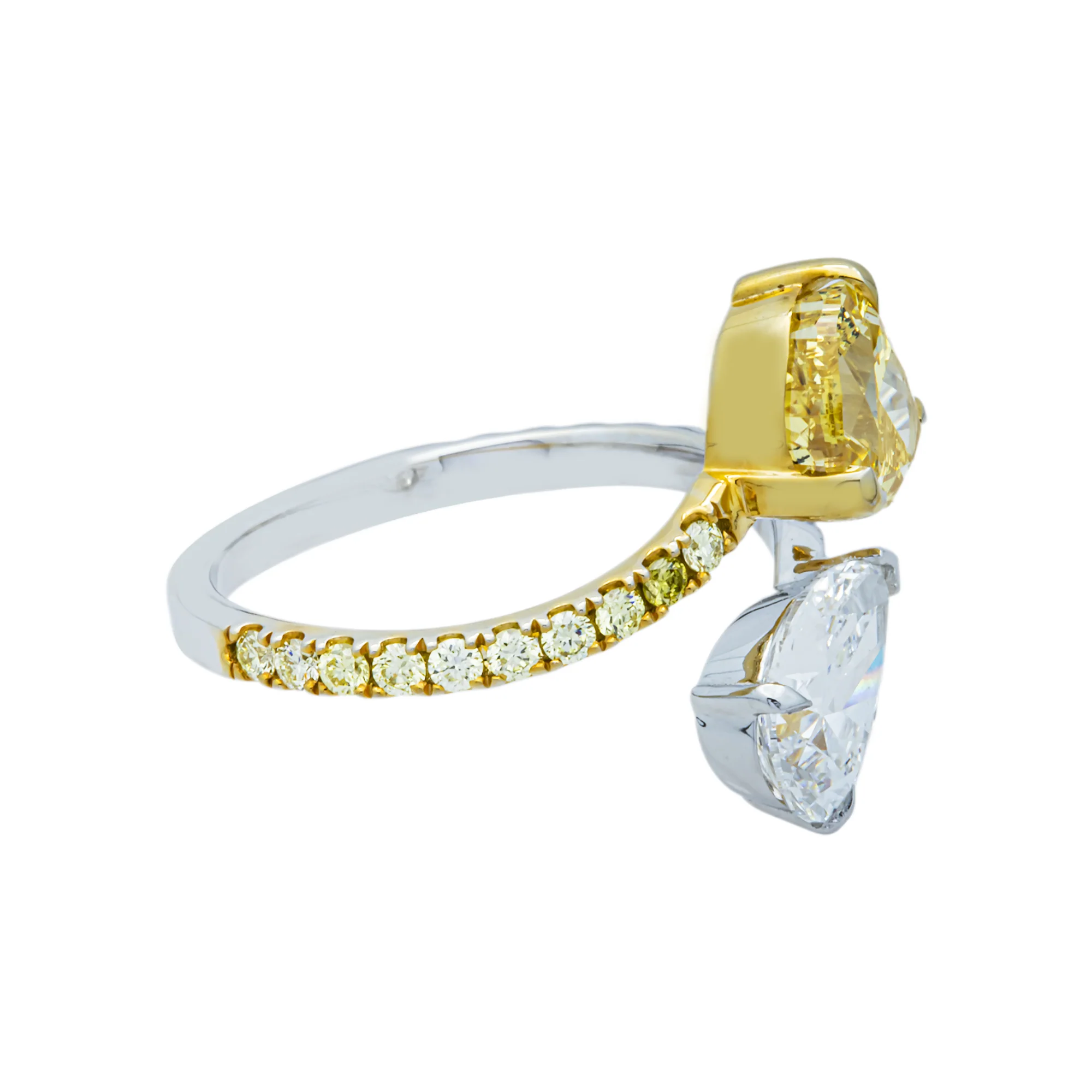 14K Two Tone Fancy Yellow Heart & White Pear Diamond Wrap Ring 3.20ctw - Image 4