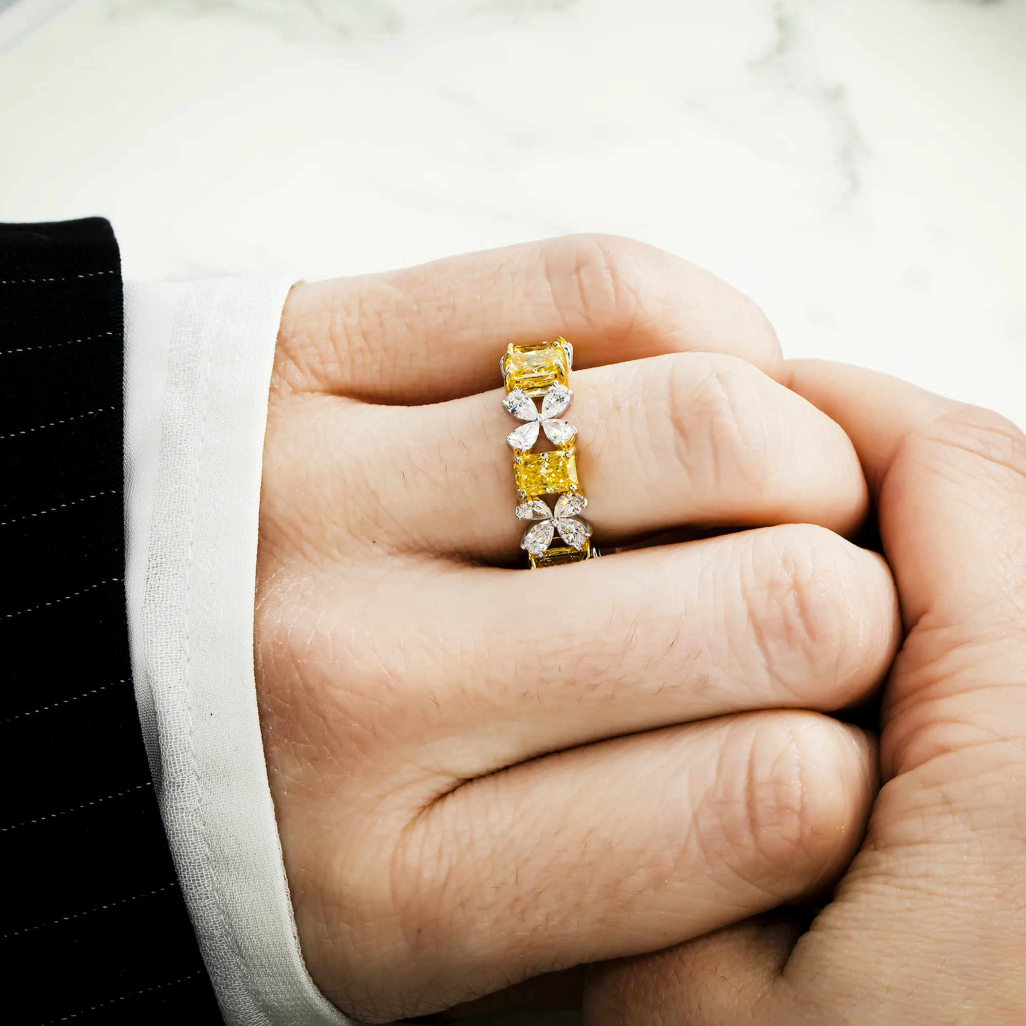 14K Two Tone Fancy Yellow Radiant & Pear Cut Diamond Blooming Eternity Ring 5.68ct - Image 2