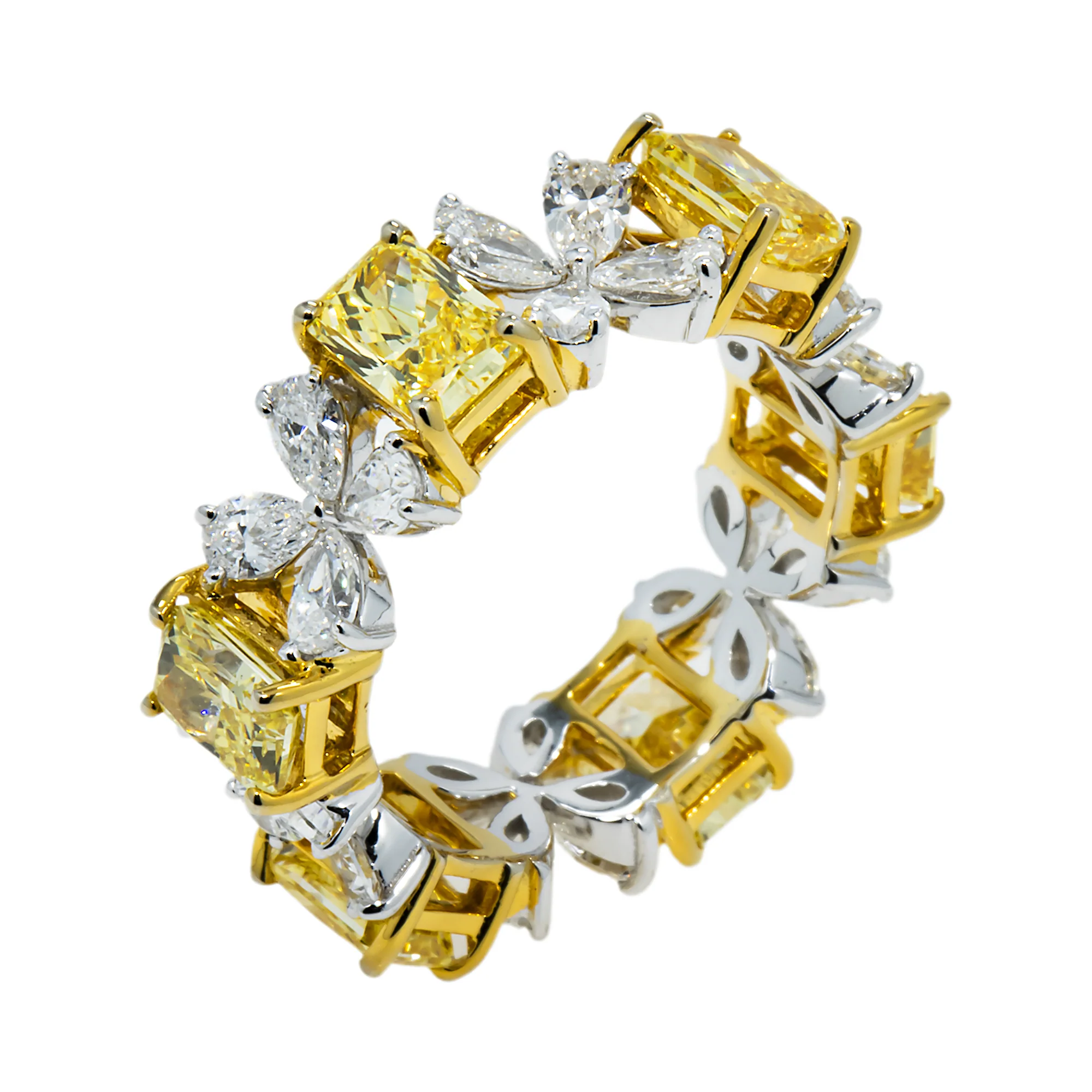14K Two Tone Fancy Yellow Radiant & Pear Cut Diamond Blooming Eternity Ring 5.68ct - Image 3