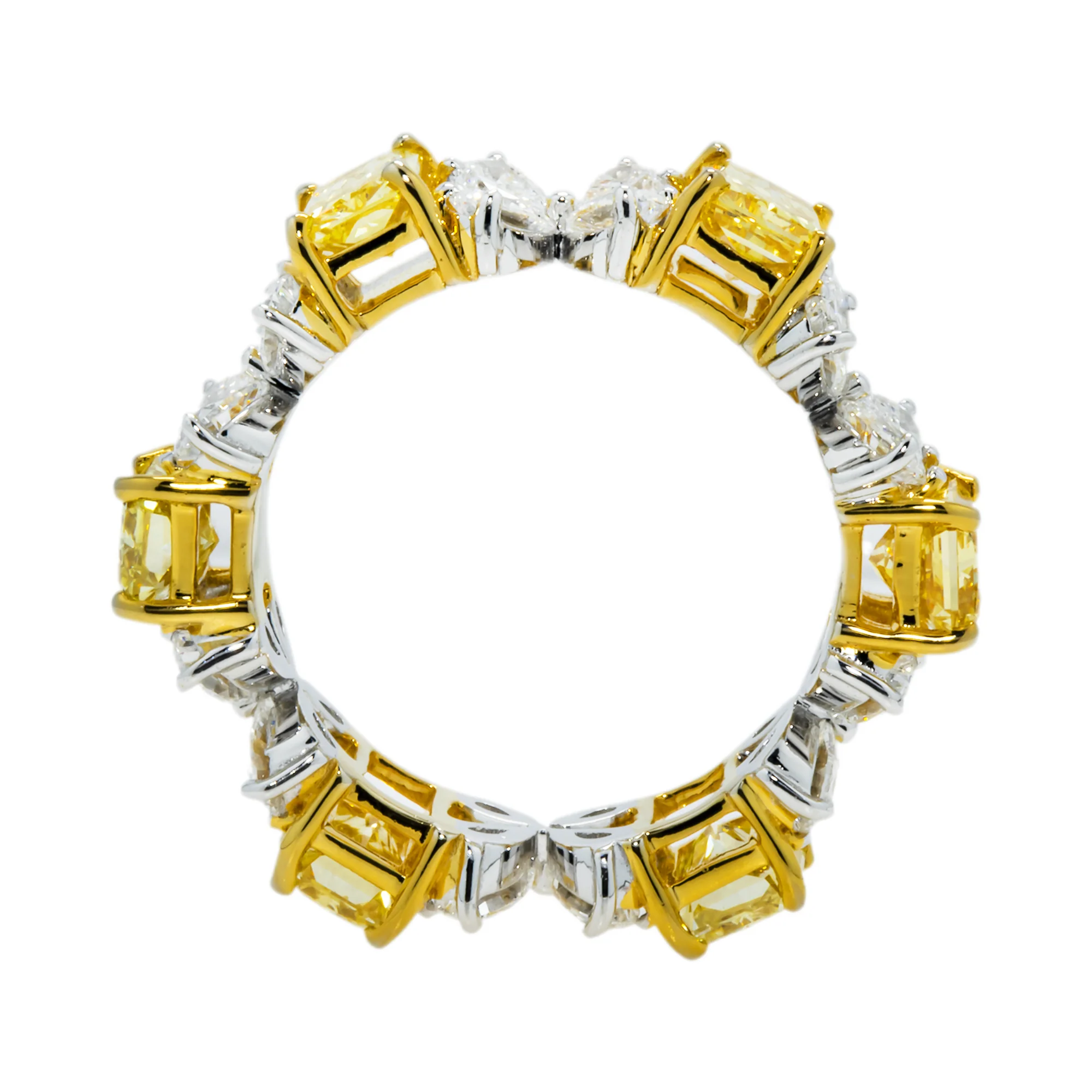14K Two Tone Fancy Yellow Radiant & Pear Cut Diamond Blooming Eternity Ring 5.68ct - Image 4