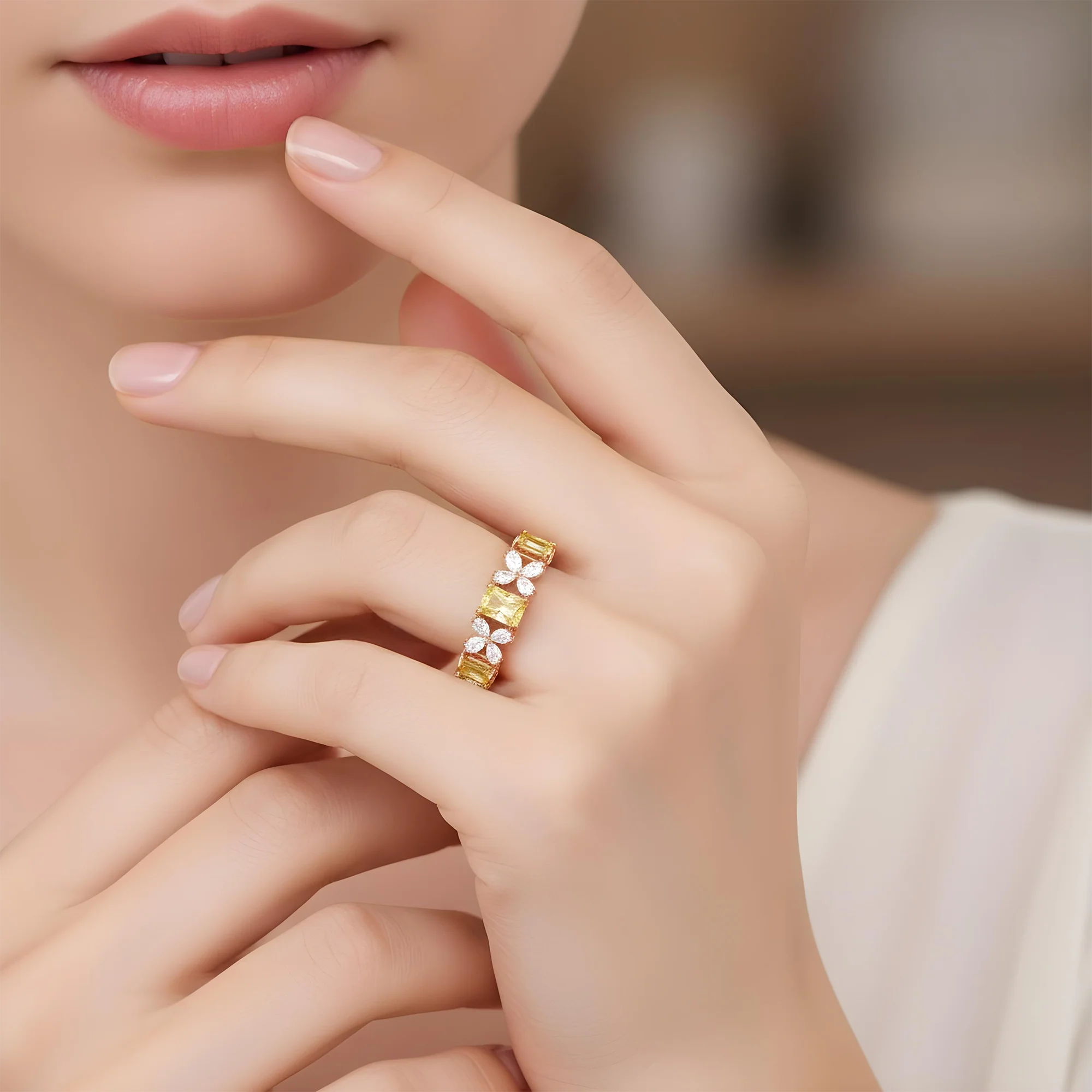 14K Two Tone Fancy Yellow Radiant & Pear Cut Diamond Blooming Eternity Ring 5.68ct - Image 7