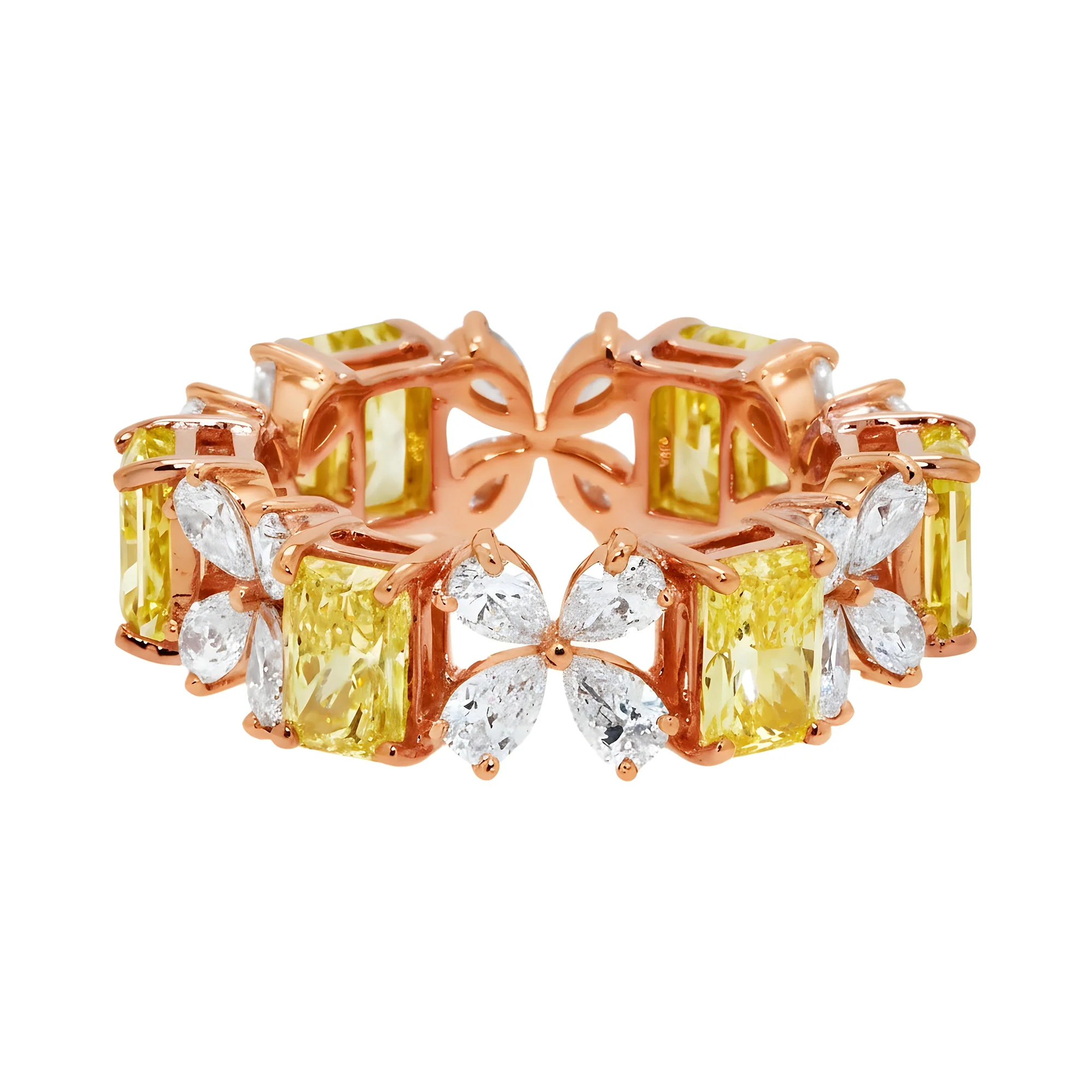 14K Two Tone Fancy Yellow Radiant & Pear Cut Diamond Blooming Eternity Ring 5.68ct - Image 8