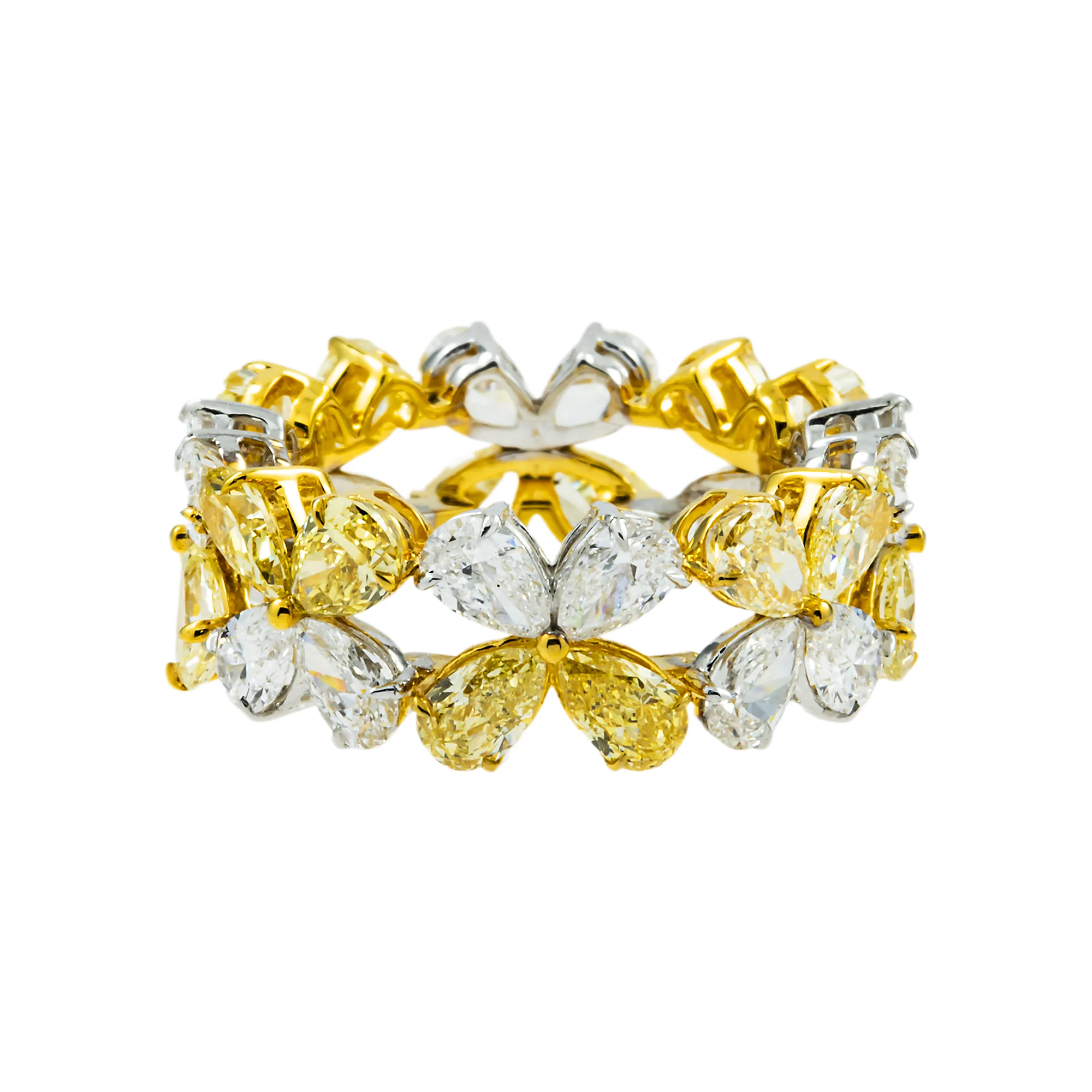 14K Two Tone Fancy Yellow & White Diamond Flower Eternity Ring 6.38ctw
