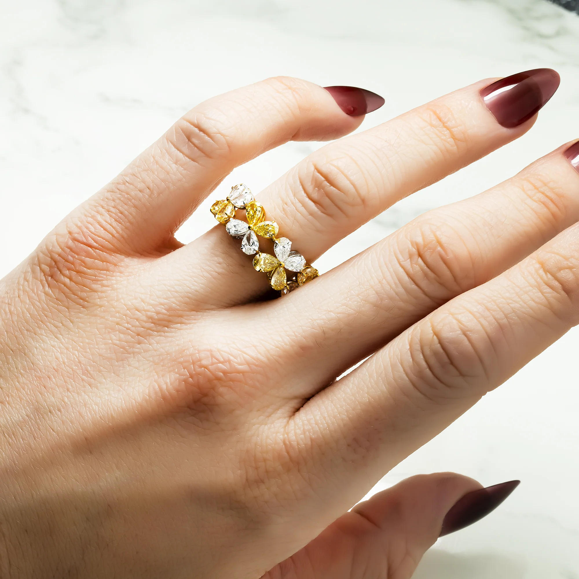 14K Two Tone Fancy Yellow & White Diamond Flower Eternity Ring 6.38ctw - Image 2