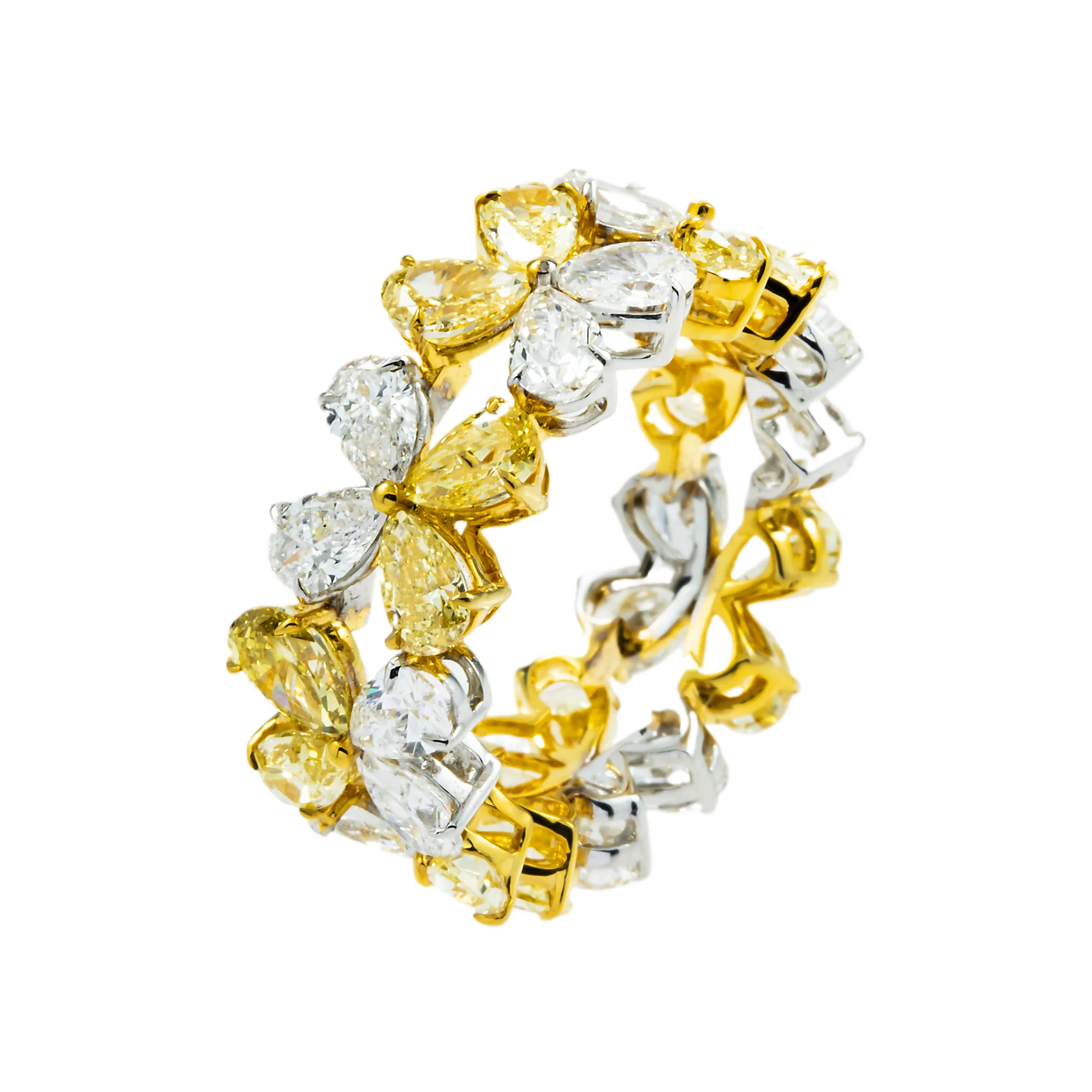 14K Two Tone Fancy Yellow & White Diamond Flower Eternity Ring 6.38ctw - Image 3