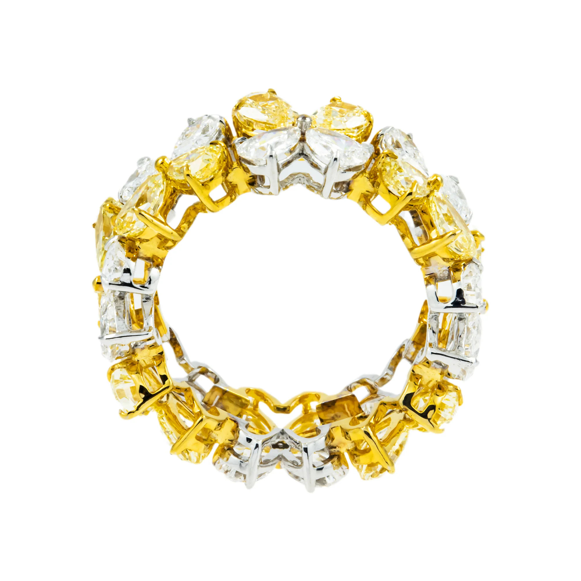 14K Two Tone Fancy Yellow & White Diamond Flower Eternity Ring 6.38ctw - Image 4