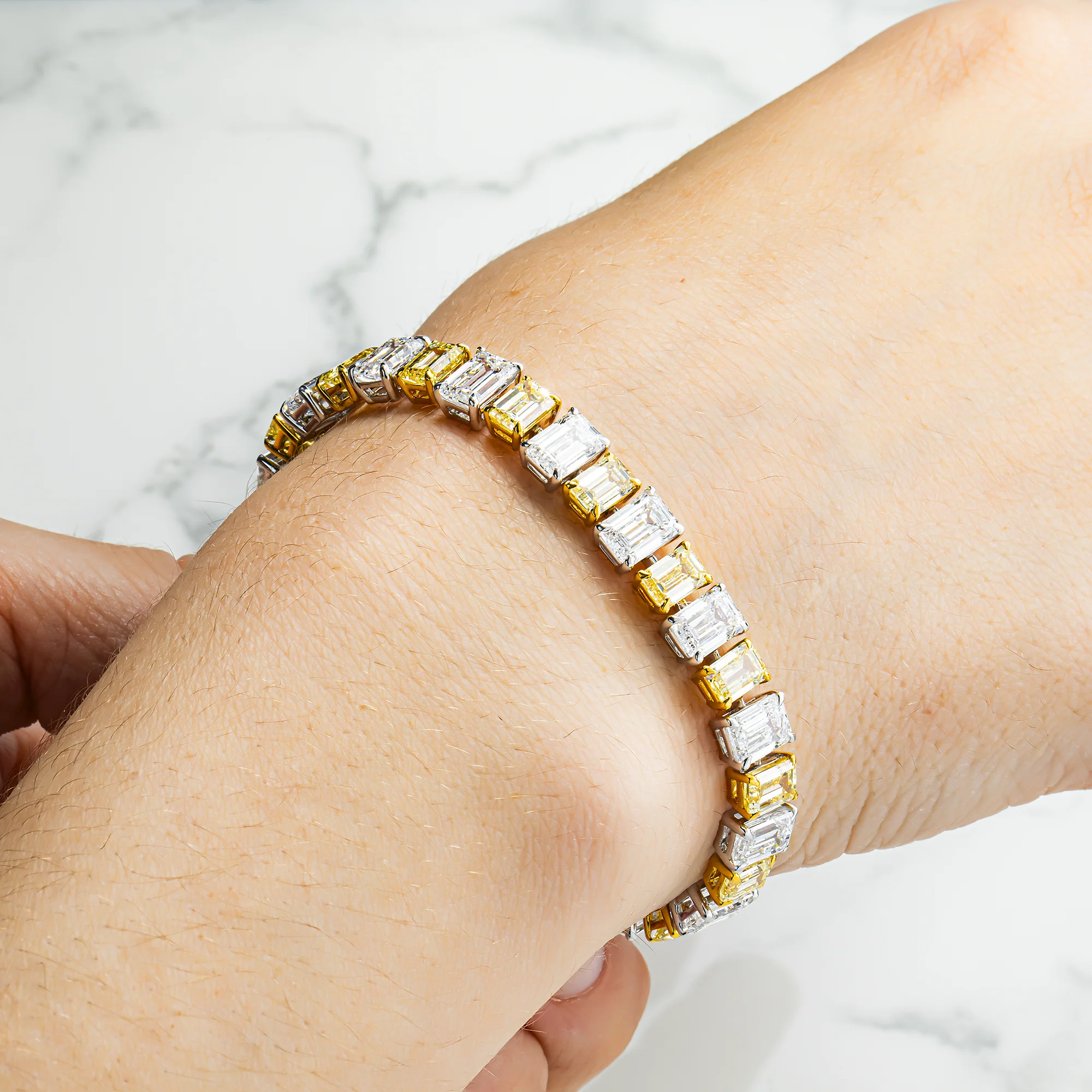 14K Two Tone Fancy Yellow & White Emerald Cut Diamond Tennis Bracelet 29.77ct - Image 2
