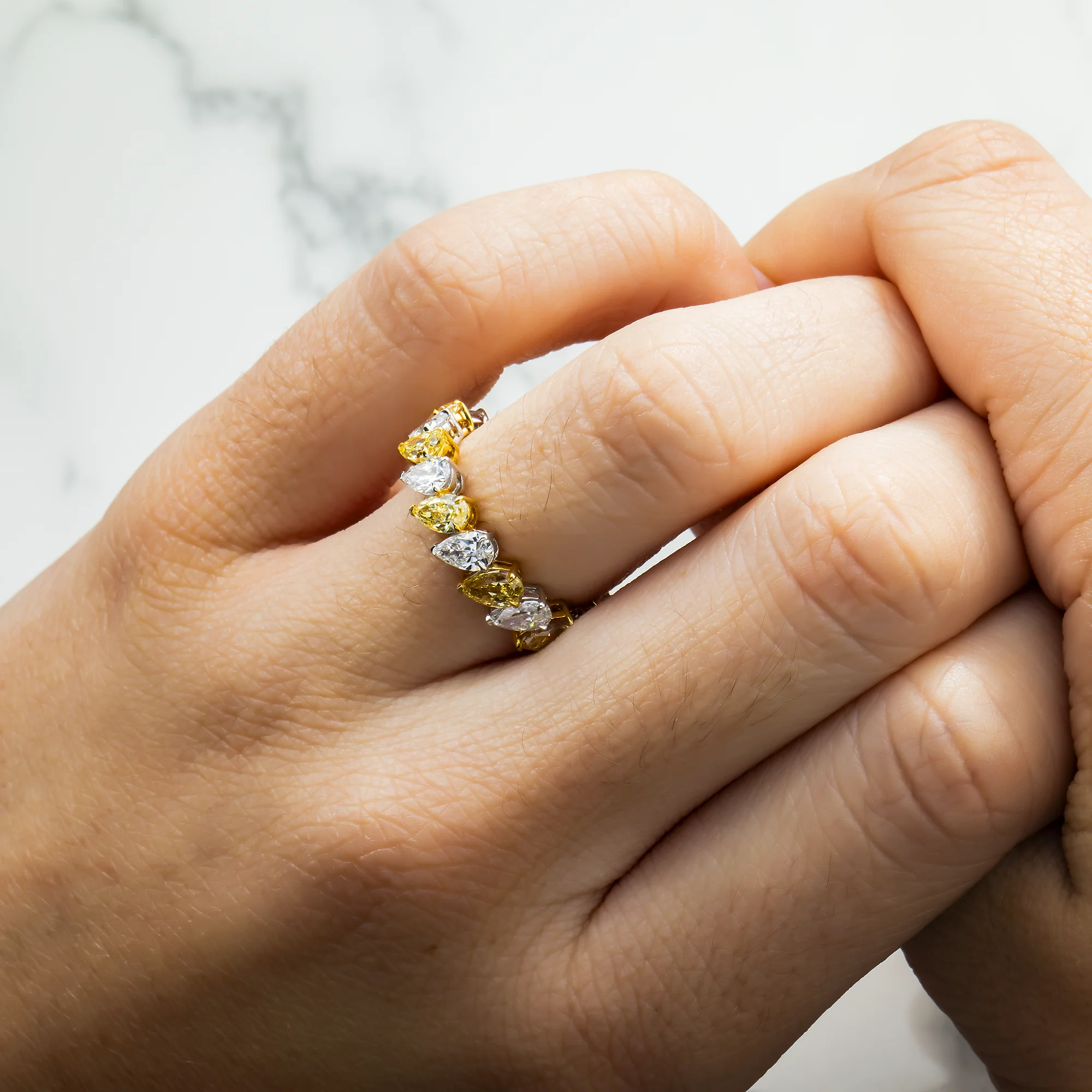 14K Two Tone Fancy Yellow & White Pear Diamond Eternity Ring 4.45ct (Size 6) - Image 2