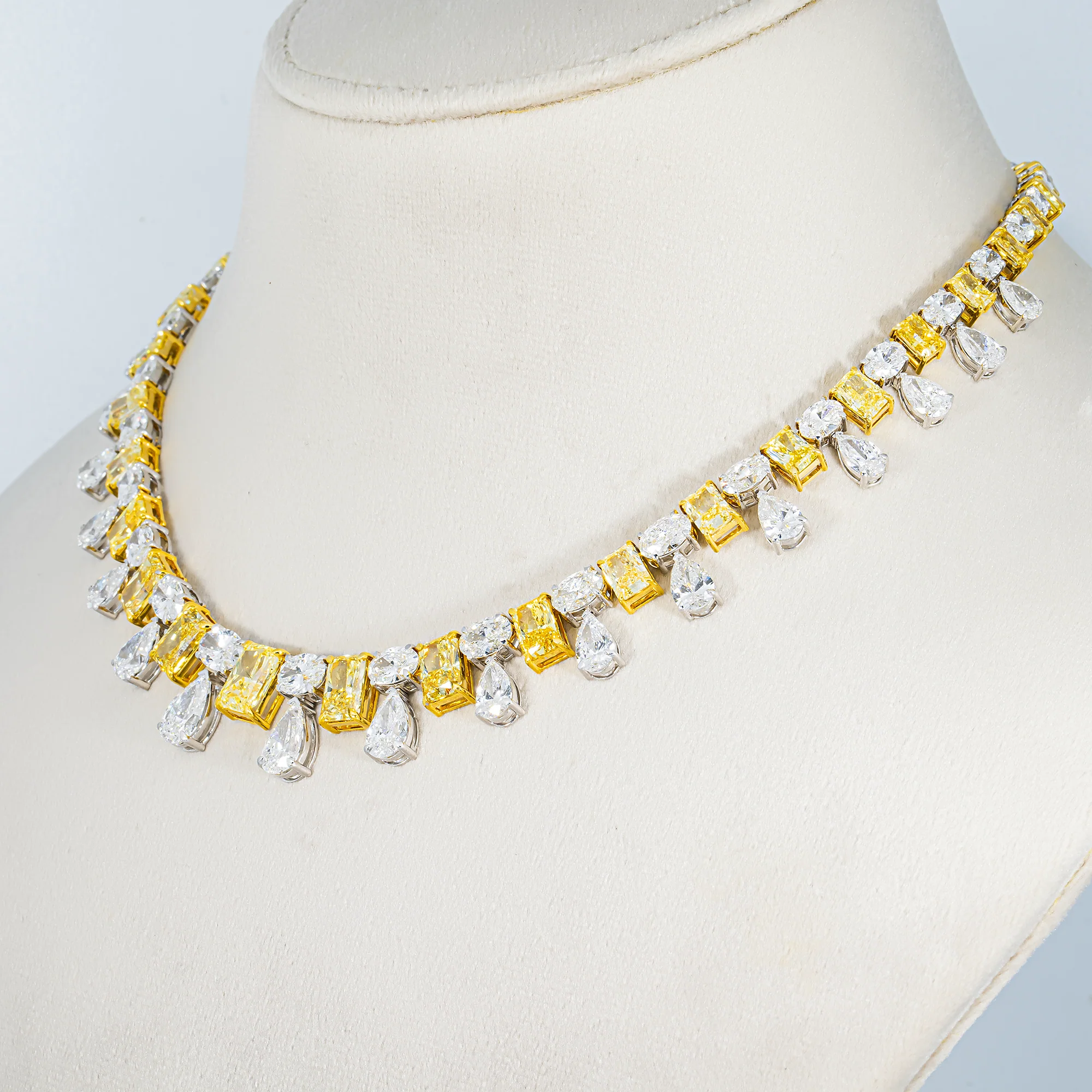 14K Two Tone Graduated Multi Cut Fancy Yellow & White Diamond Drop Necklace 53.81ct - Image 2