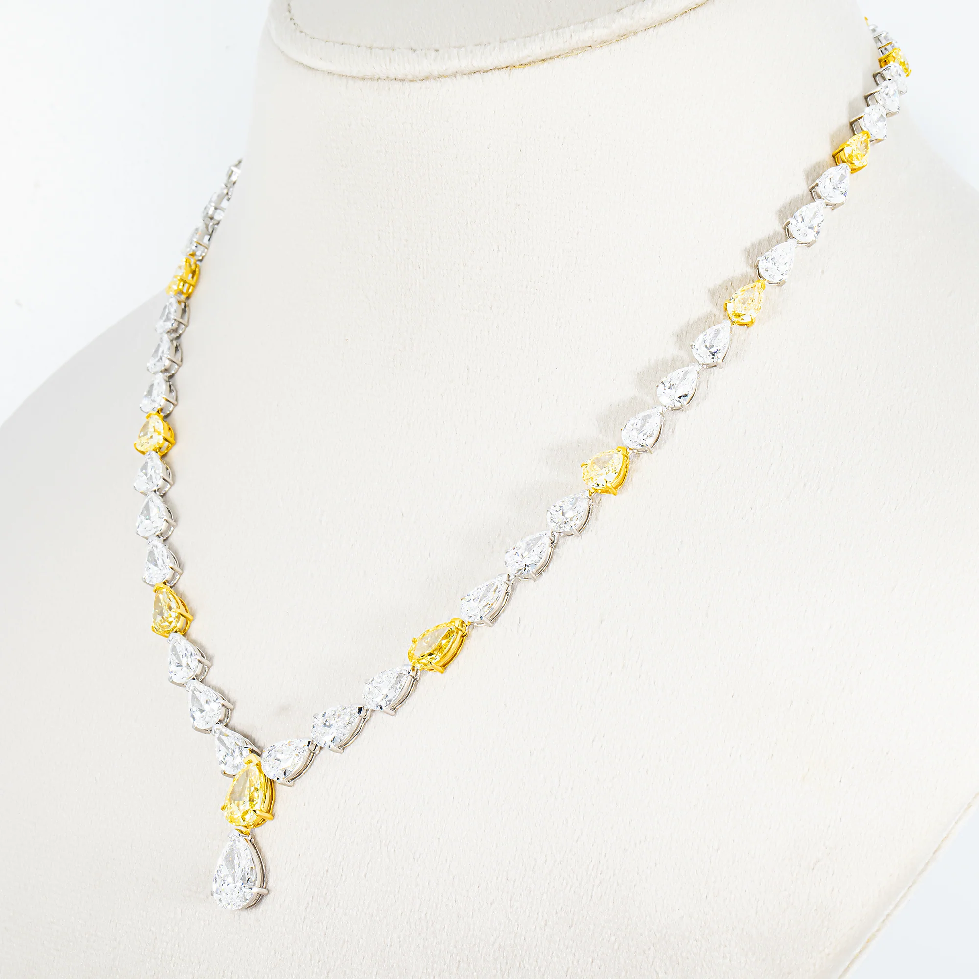 14K Two Tone Graduated Pear Cut Diamond Drop Necklace 34.40ct - Image 2