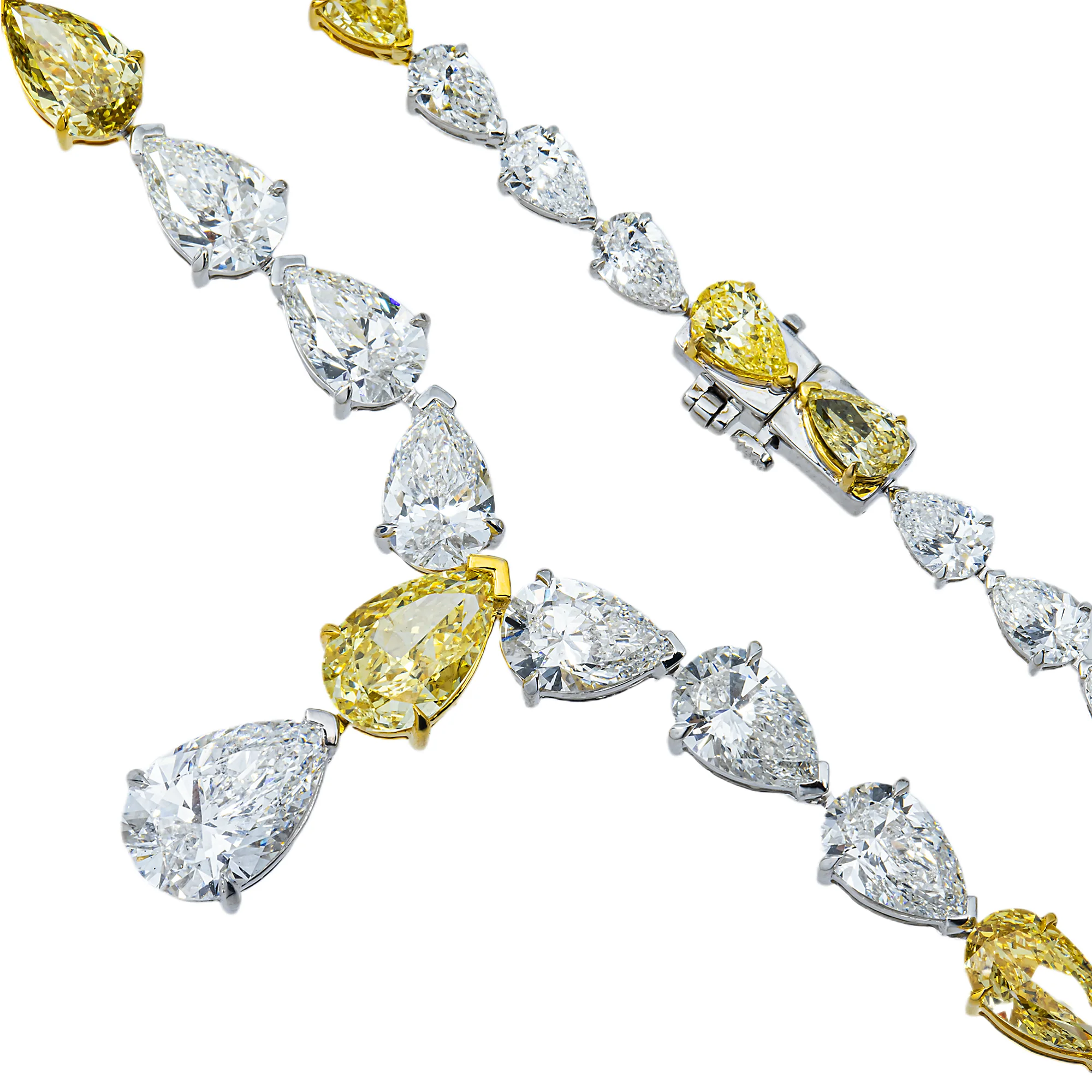 14K Two Tone Graduated Pear Cut Diamond Drop Necklace 34.40ct - Image 4