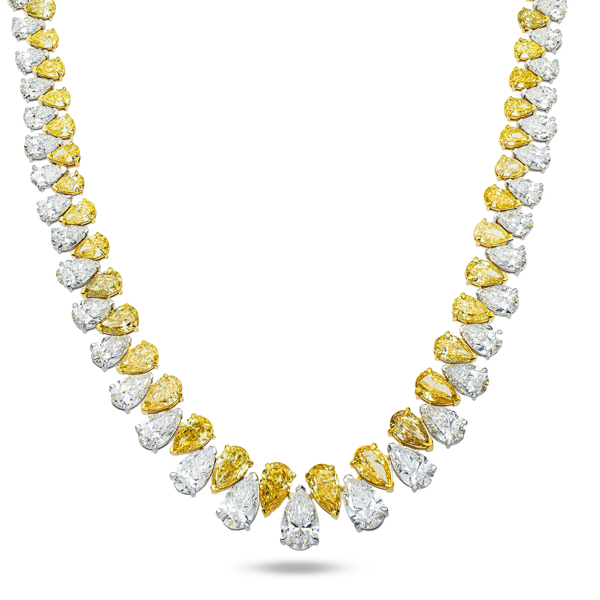14K Two Tone Graduated Pear Cut Fancy Yellow & White Diamond Chain 45.77ct
