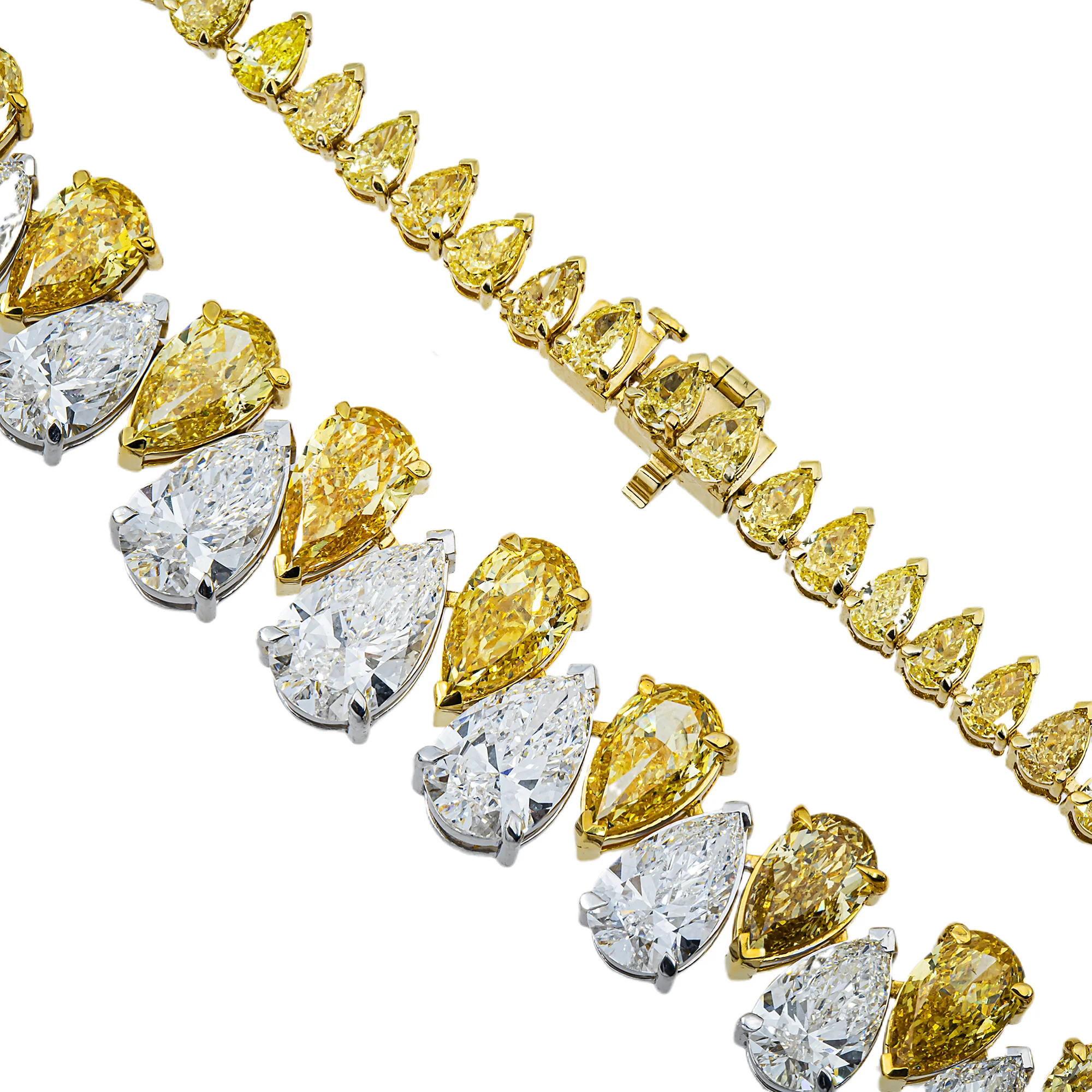 14K Two Tone Graduated Pear Cut Fancy Yellow & White Diamond Chain 45.77ct - Image 4