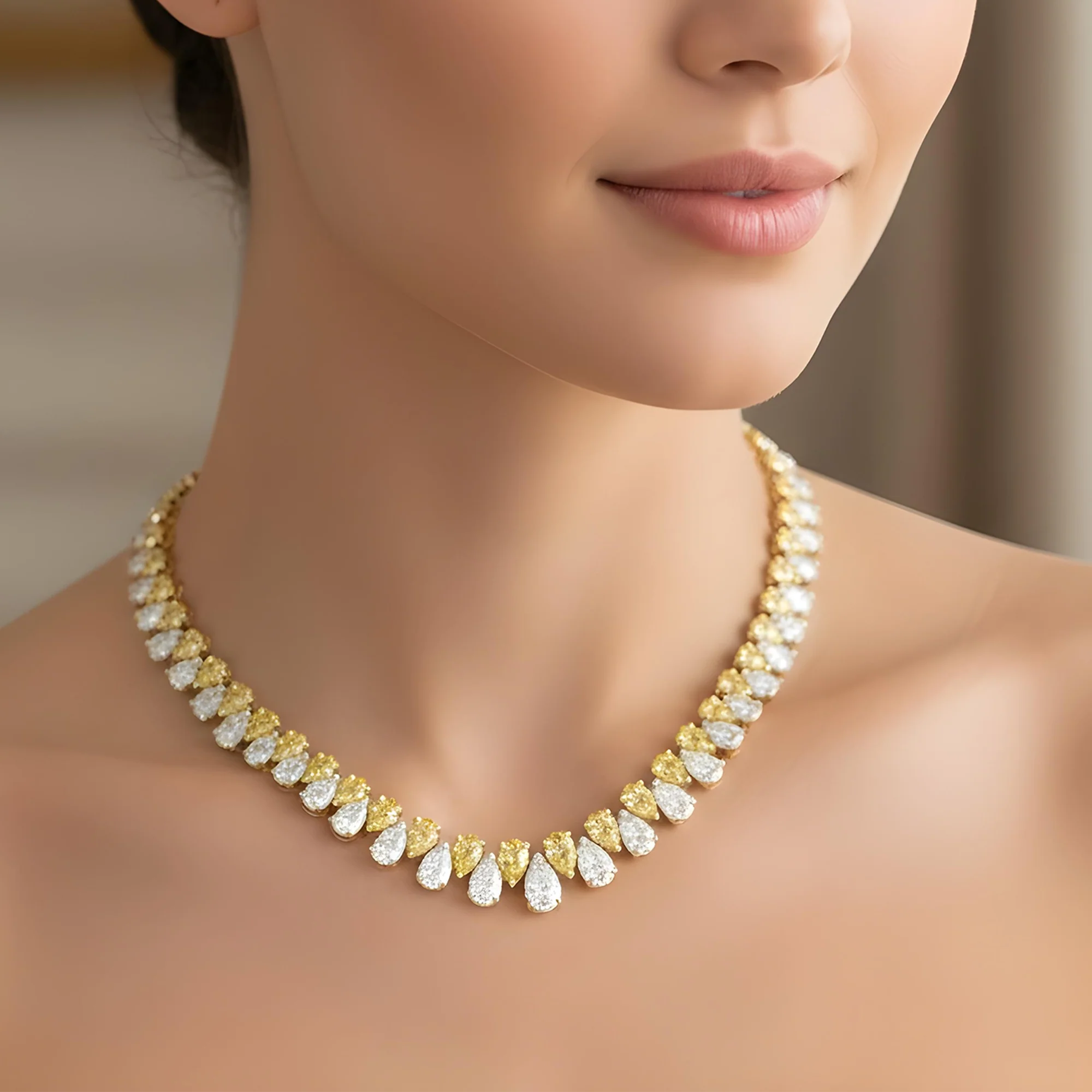 14K Two Tone Graduated Pear Cut Fancy Yellow & White Diamond Chain 45.77ct - Image 6