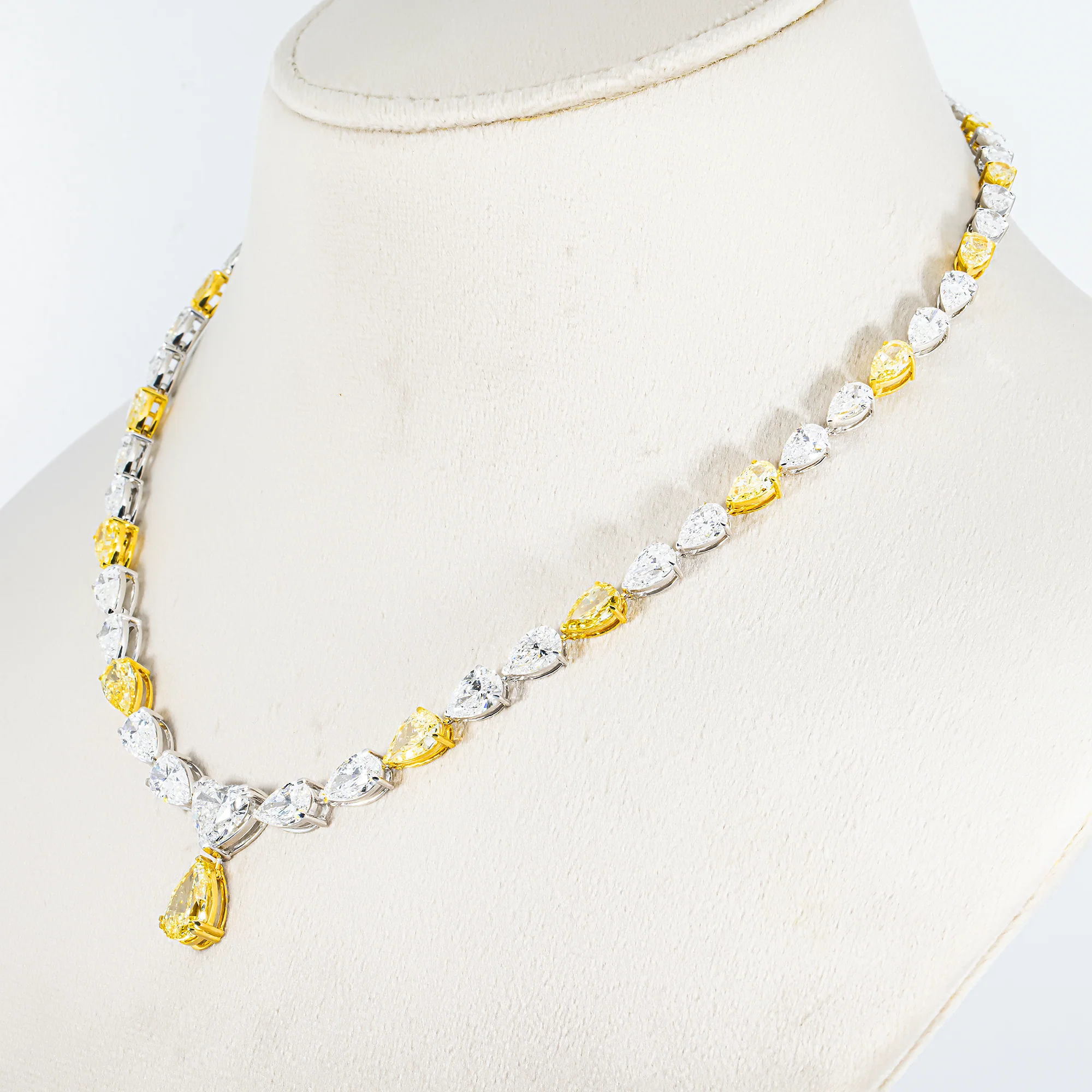 14K Two Tone Graduated Pear & Heart Cut Diamond Drop Necklace 34.08ct - Image 2