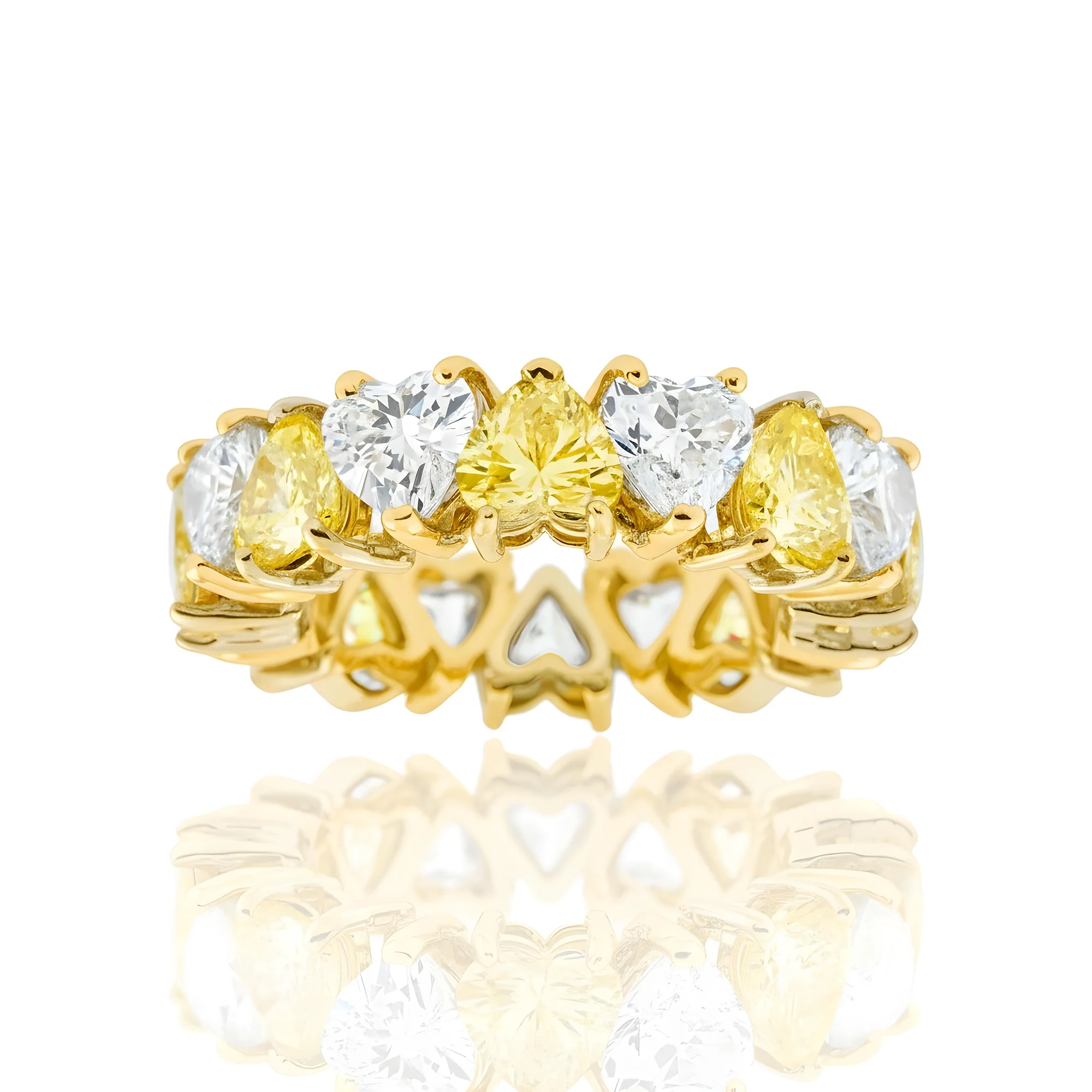 14K Two Tone Heart Cut Fancy Yellow & White Diamond Eternity Ring 8.14ct (Size 6.25) - Image 5