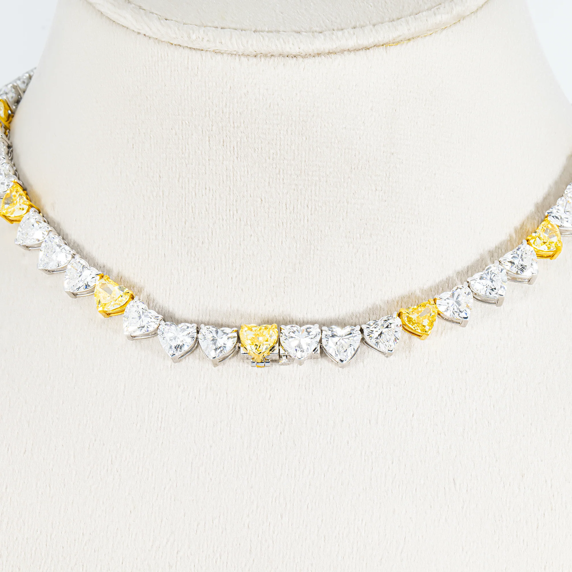 14K Two Tone Heart Cut Fancy Yellow & White Diamond Tennis Chain 54.85ct - Image 3