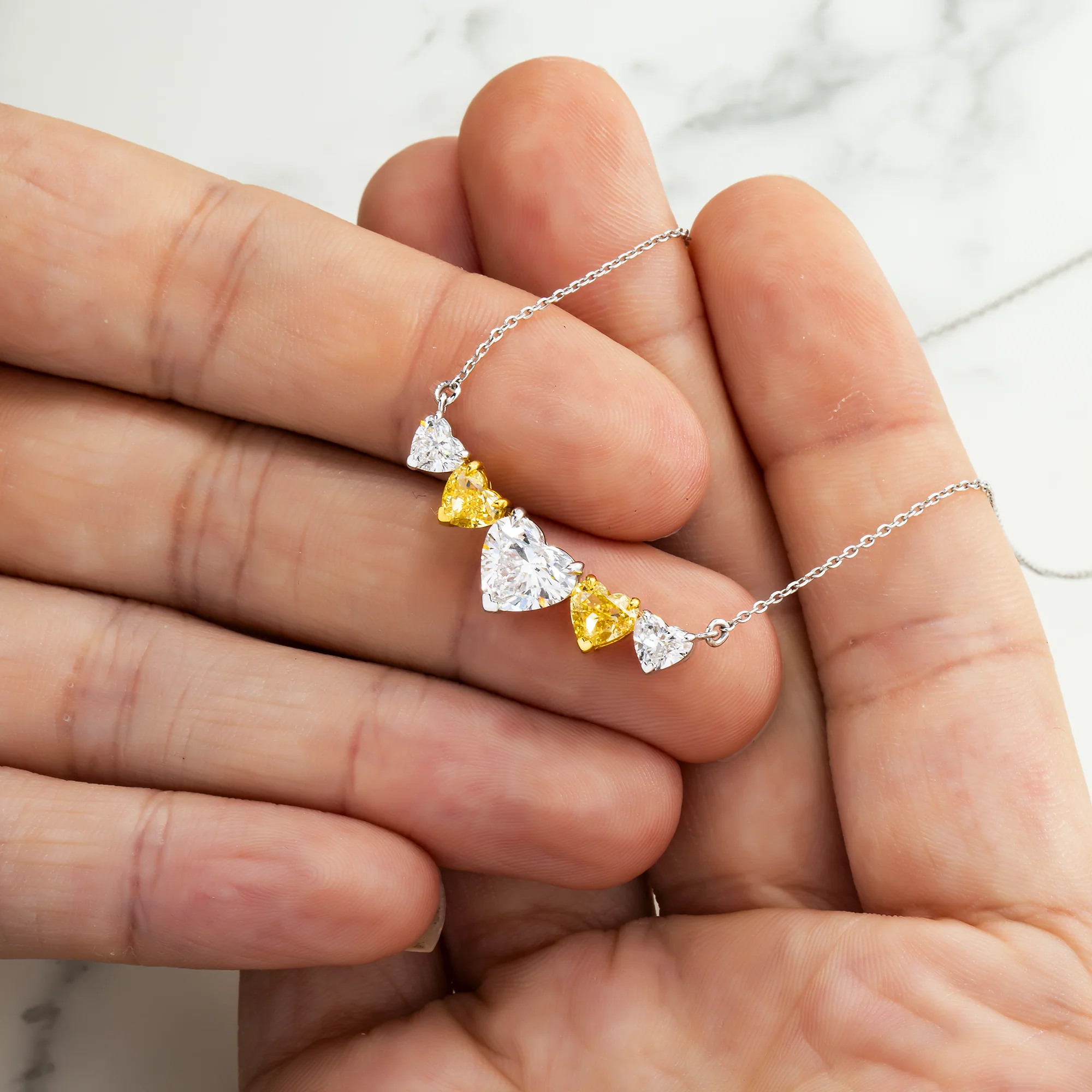 14K Two Tone Heart Cut White & Fancy Yellow Diamond Bar Necklace 3.20ct - Image 2