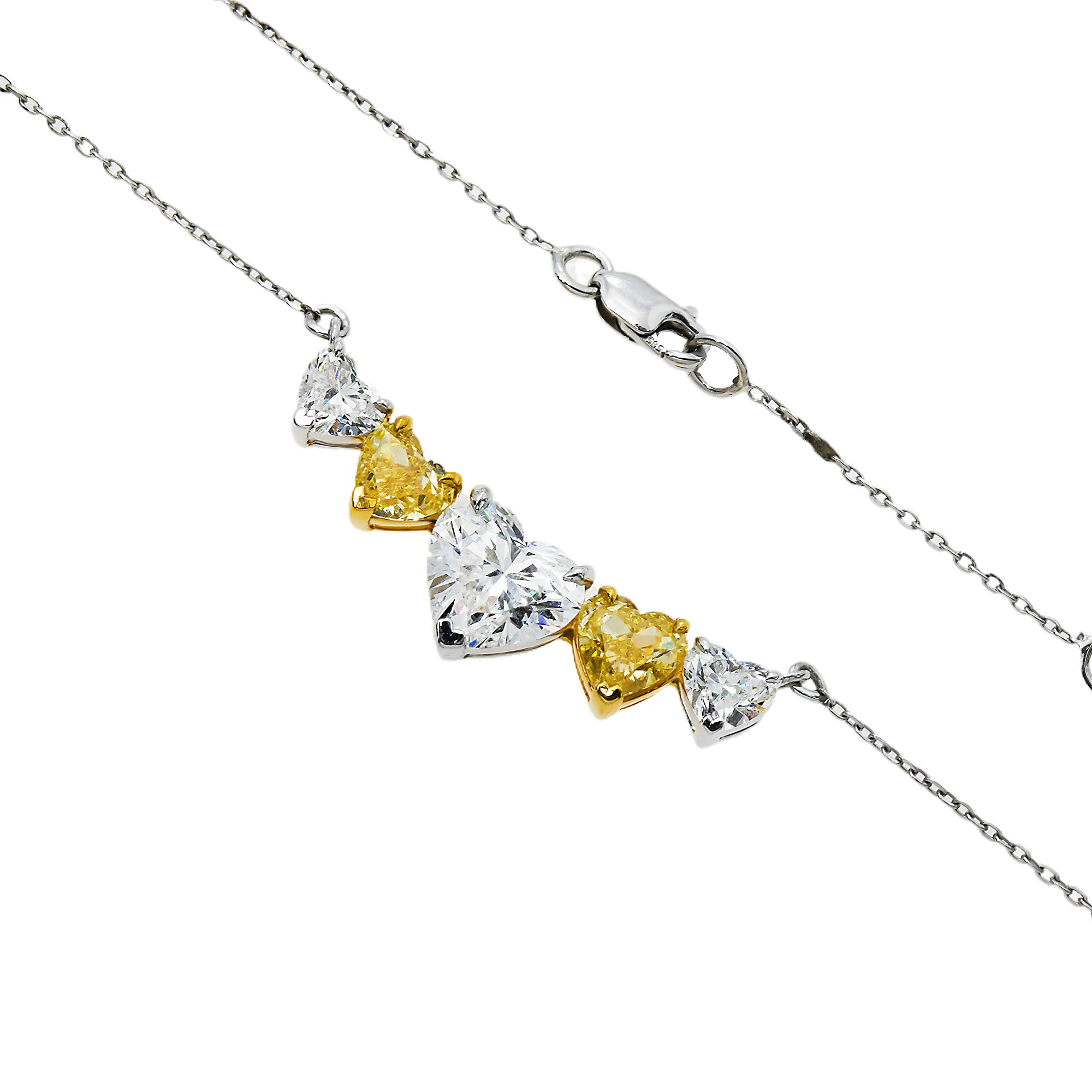 14K Two Tone Heart Cut White & Fancy Yellow Diamond Bar Necklace 3.20ct - Image 3