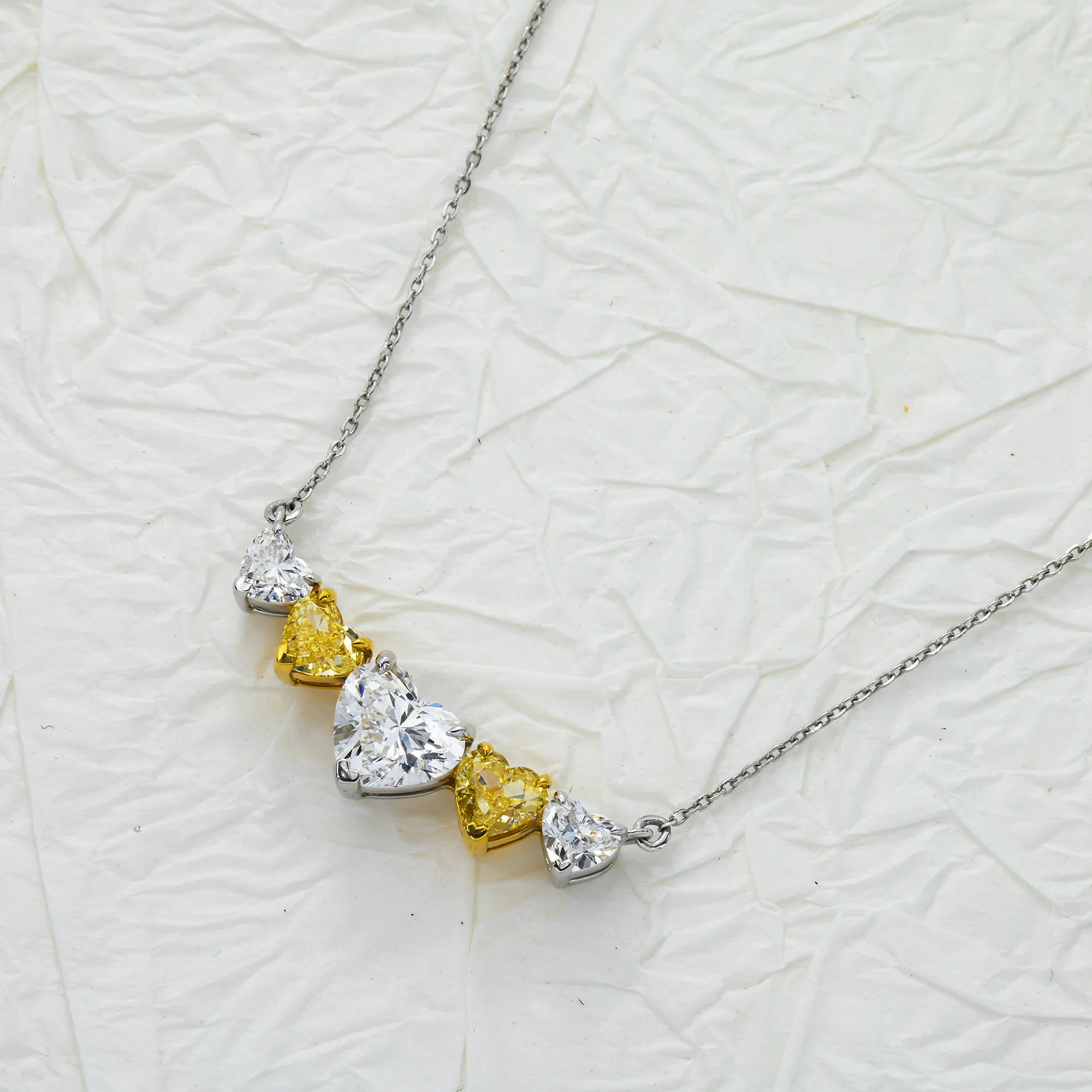 14K Two Tone Heart Cut White & Fancy Yellow Diamond Bar Necklace 3.20ct - Image 4
