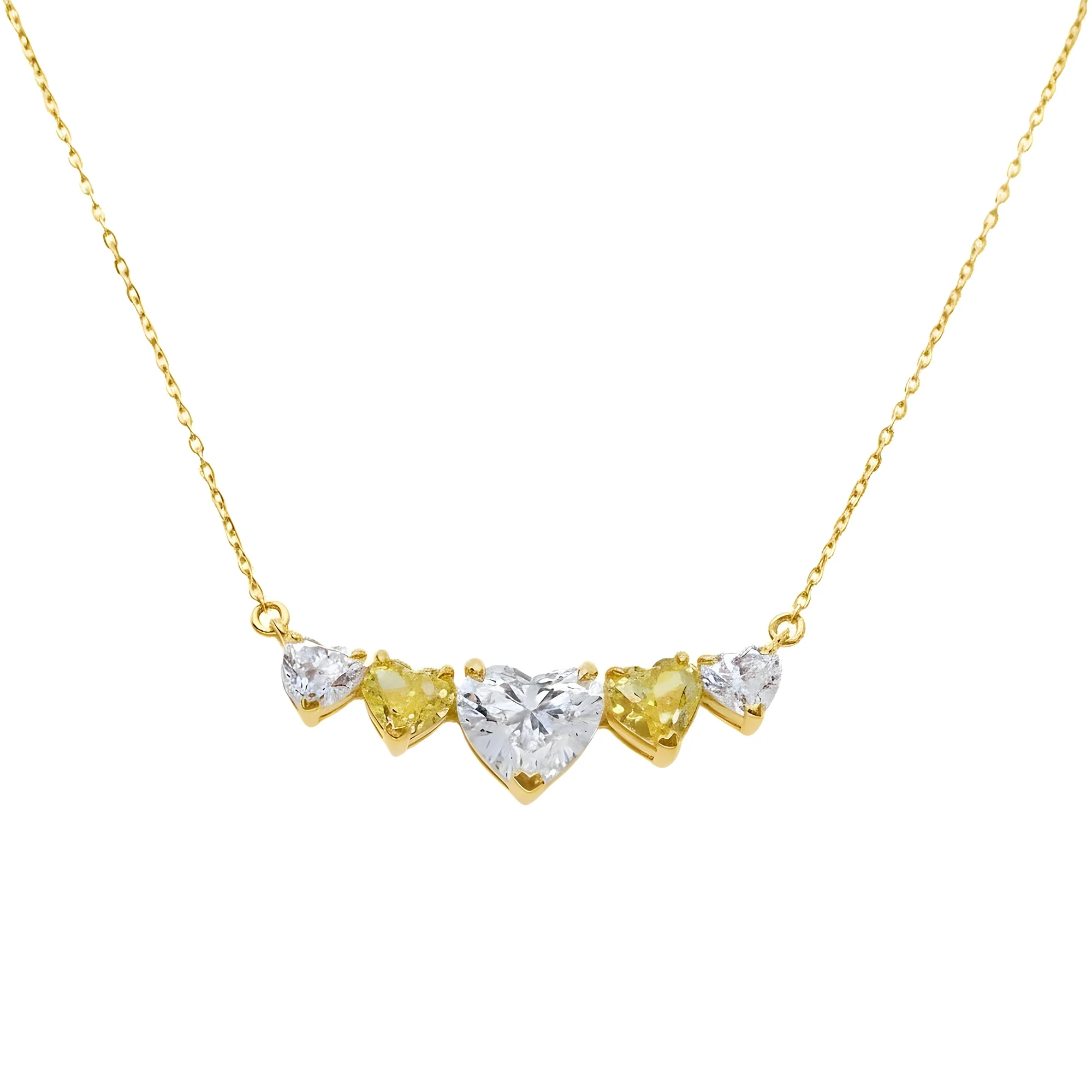 14K Two Tone Heart Cut White & Fancy Yellow Diamond Bar Necklace 3.20ct - Image 5