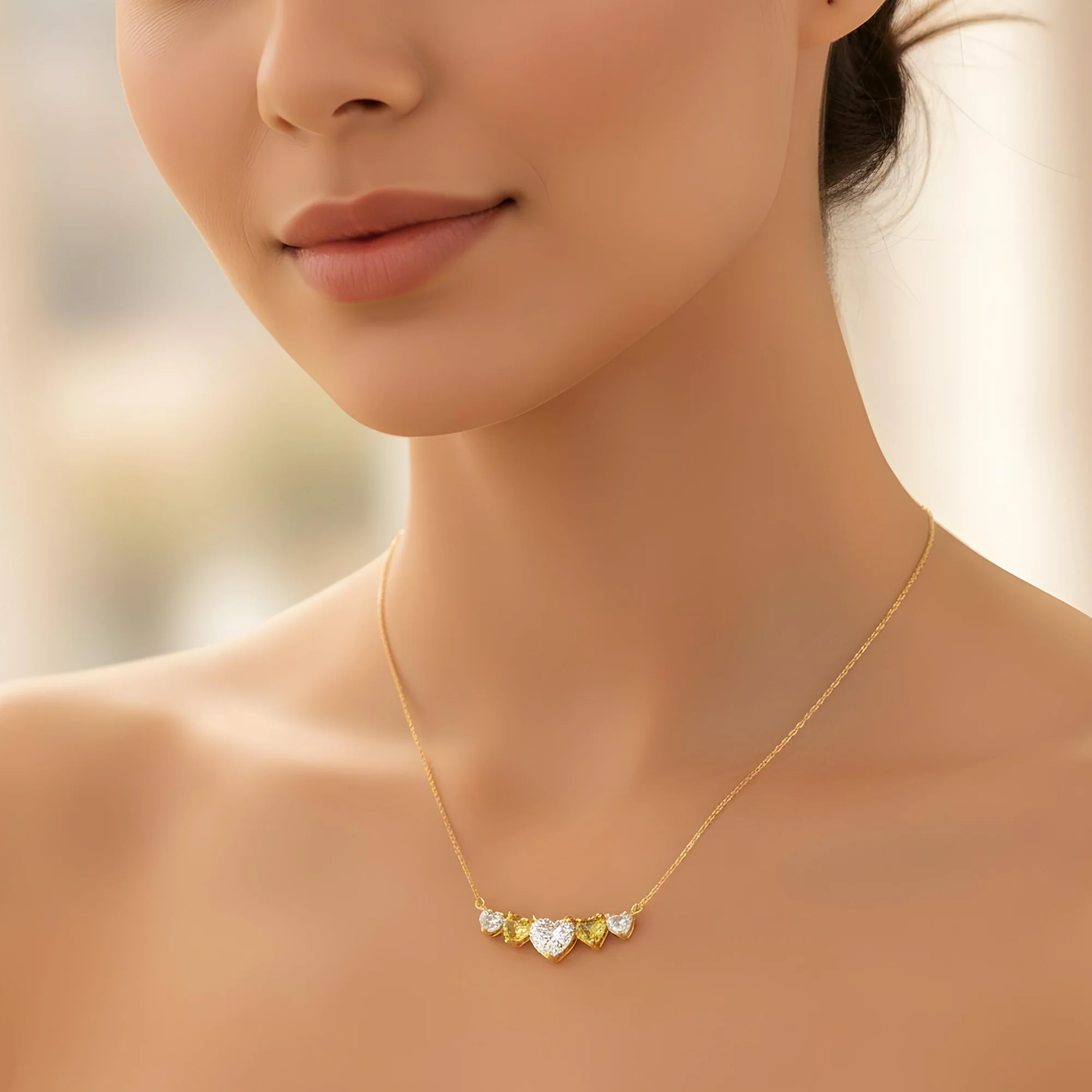 14K Two Tone Heart Cut White & Fancy Yellow Diamond Bar Necklace 3.20ct - Image 6