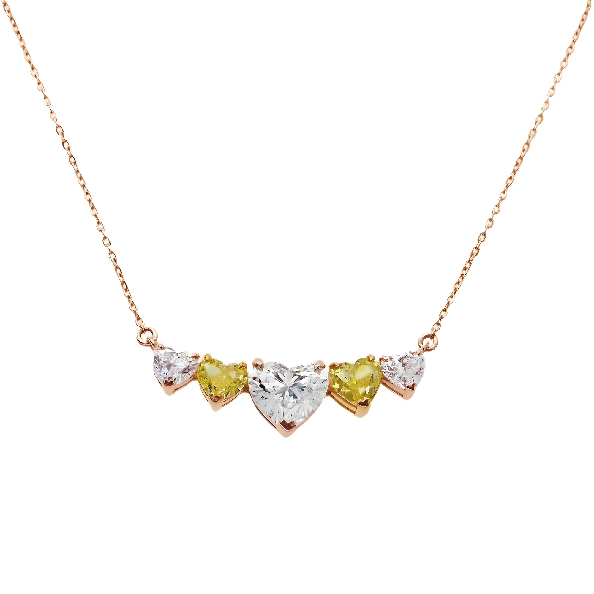14K Two Tone Heart Cut White & Fancy Yellow Diamond Bar Necklace 3.20ct - Image 7