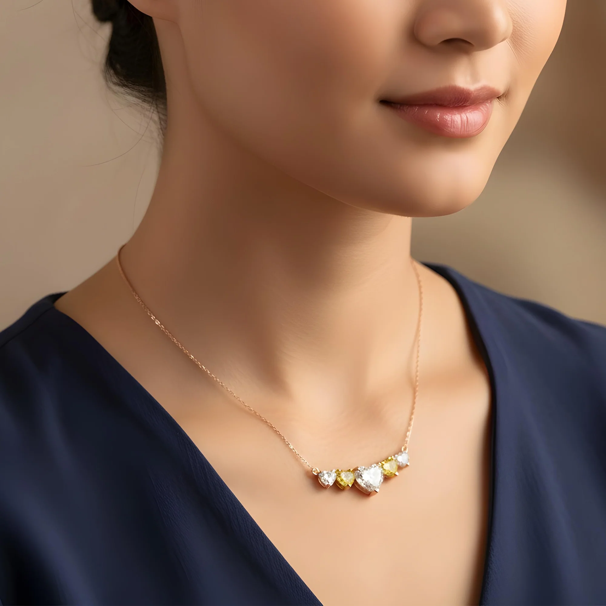 14K Two Tone Heart Cut White & Fancy Yellow Diamond Bar Necklace 3.20ct - Image 8