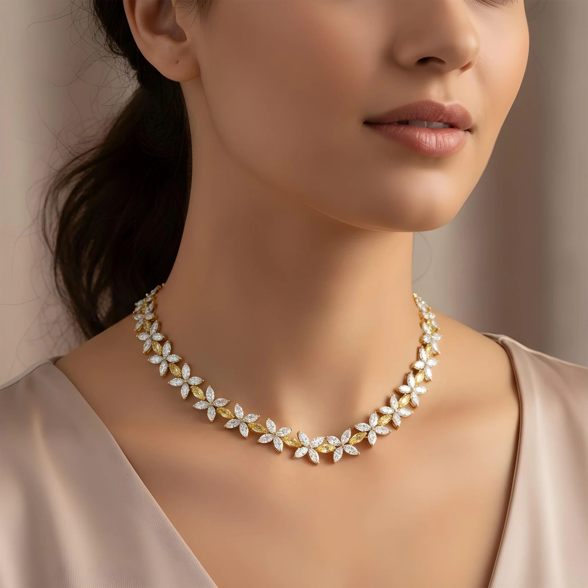 14K Two Tone Marquise Cut Diamond Flower Necklace 57.09ct - Image 6