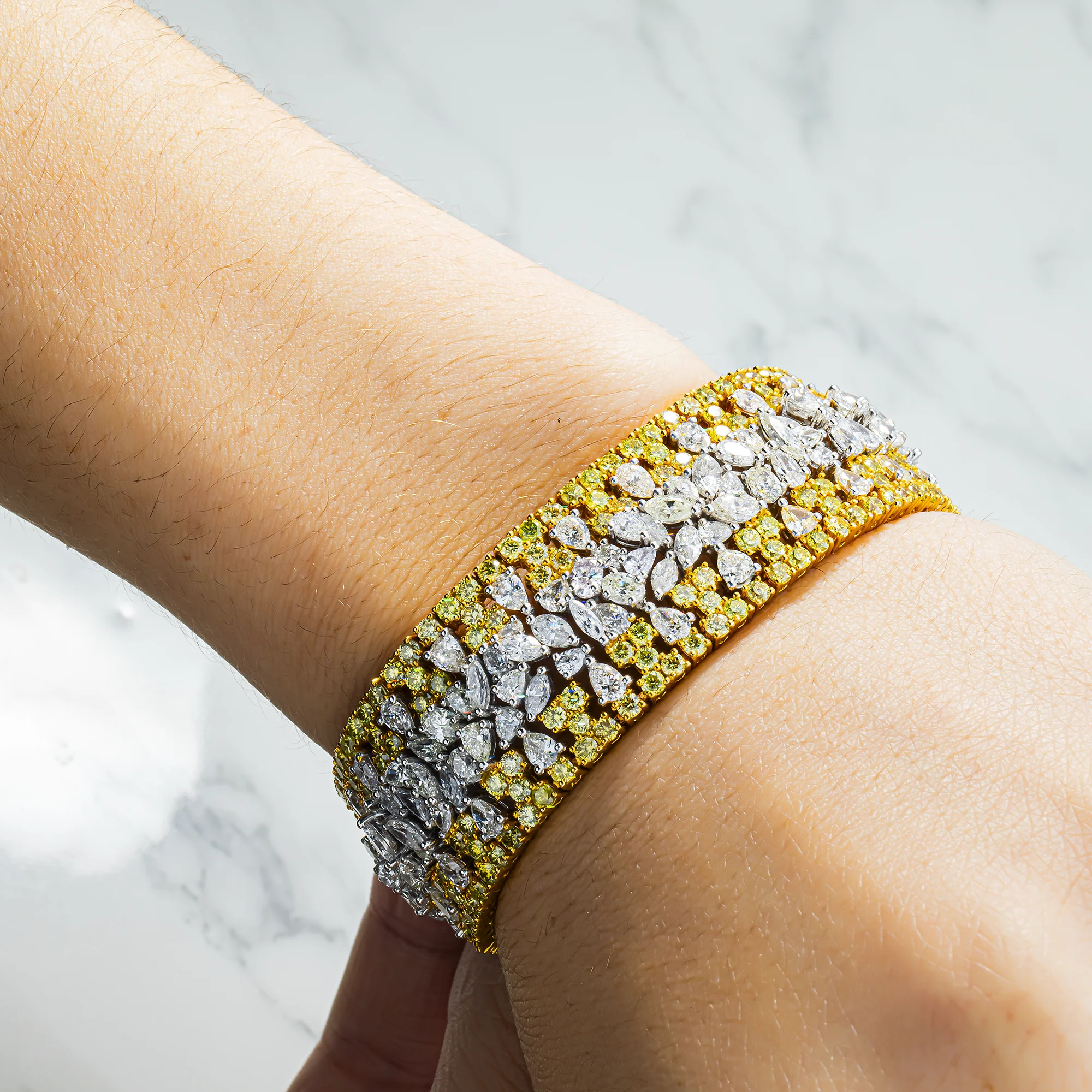 14K Two Tone Multi Cut Canary Yellow & White Diamond Bracelet 38.83ct - Image 2